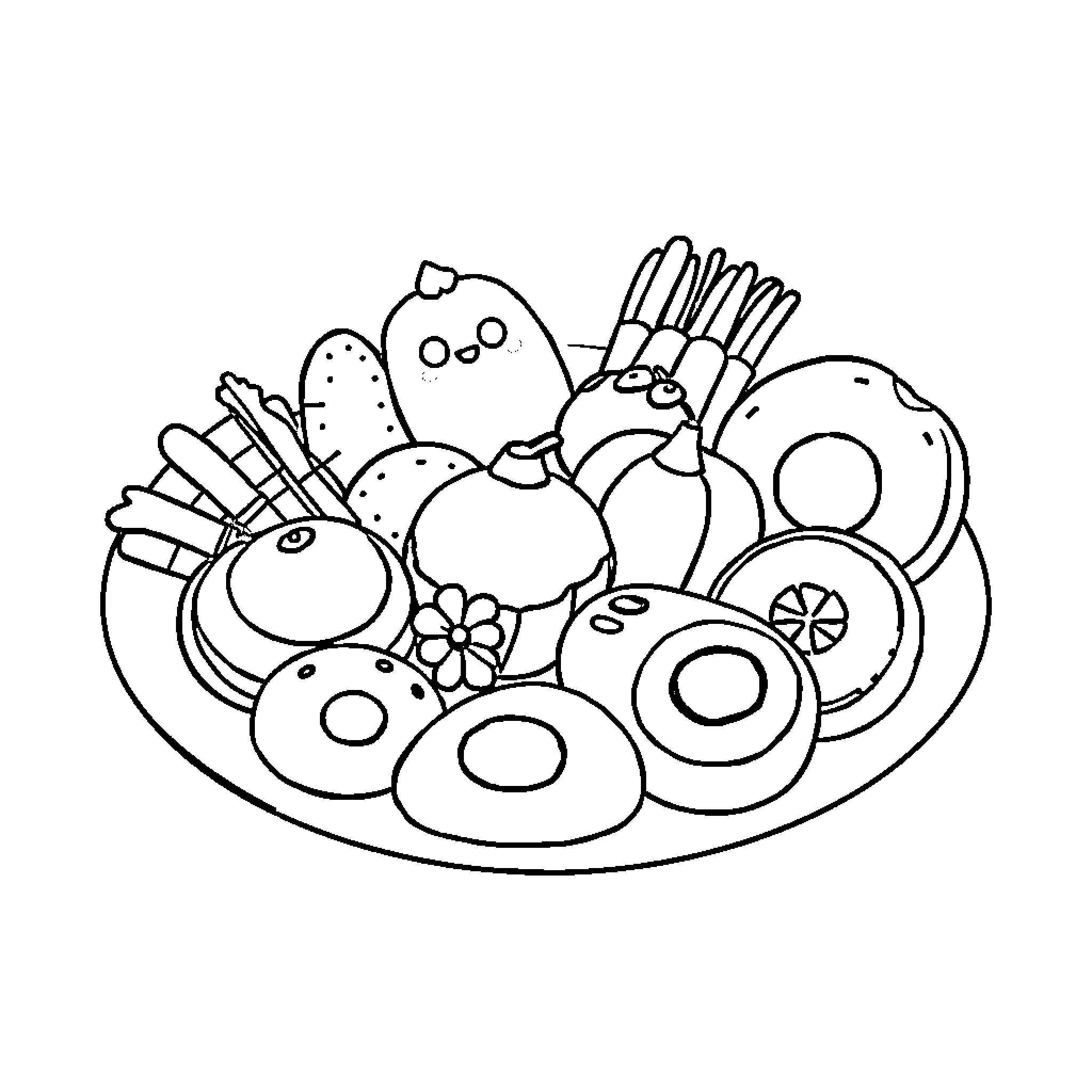 Food items arranged in a dish Coloring Page (free black-and-white line drawing printable PDF for all, from beginners to advanced learners, including children, teens, adults, and seniors)