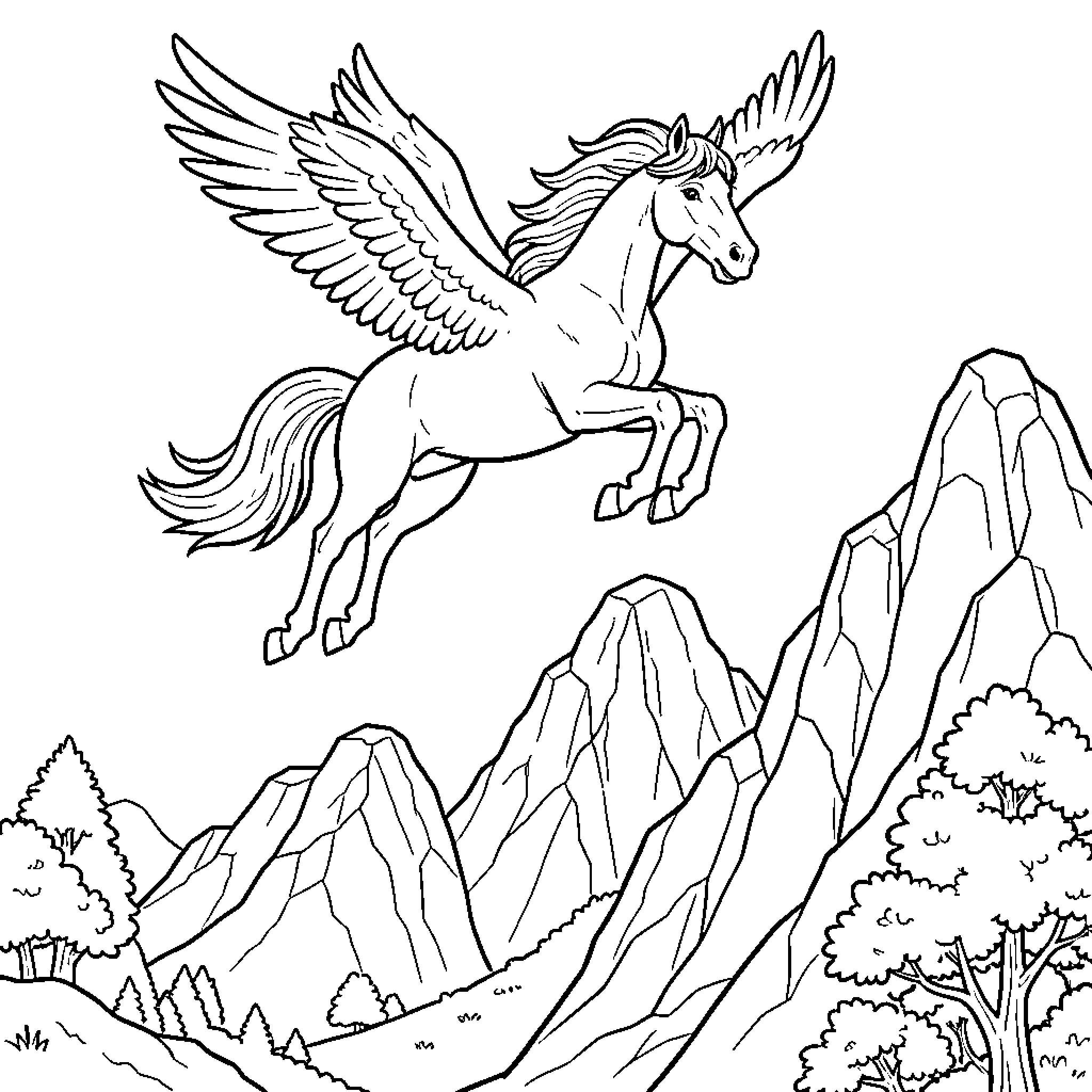 Flying Horse soaring majestically over a mountain landscape Coloring Page (free black-and-white line drawing printable PDF for all, from beginners to advanced learners, including children, teens, adults, and seniors)