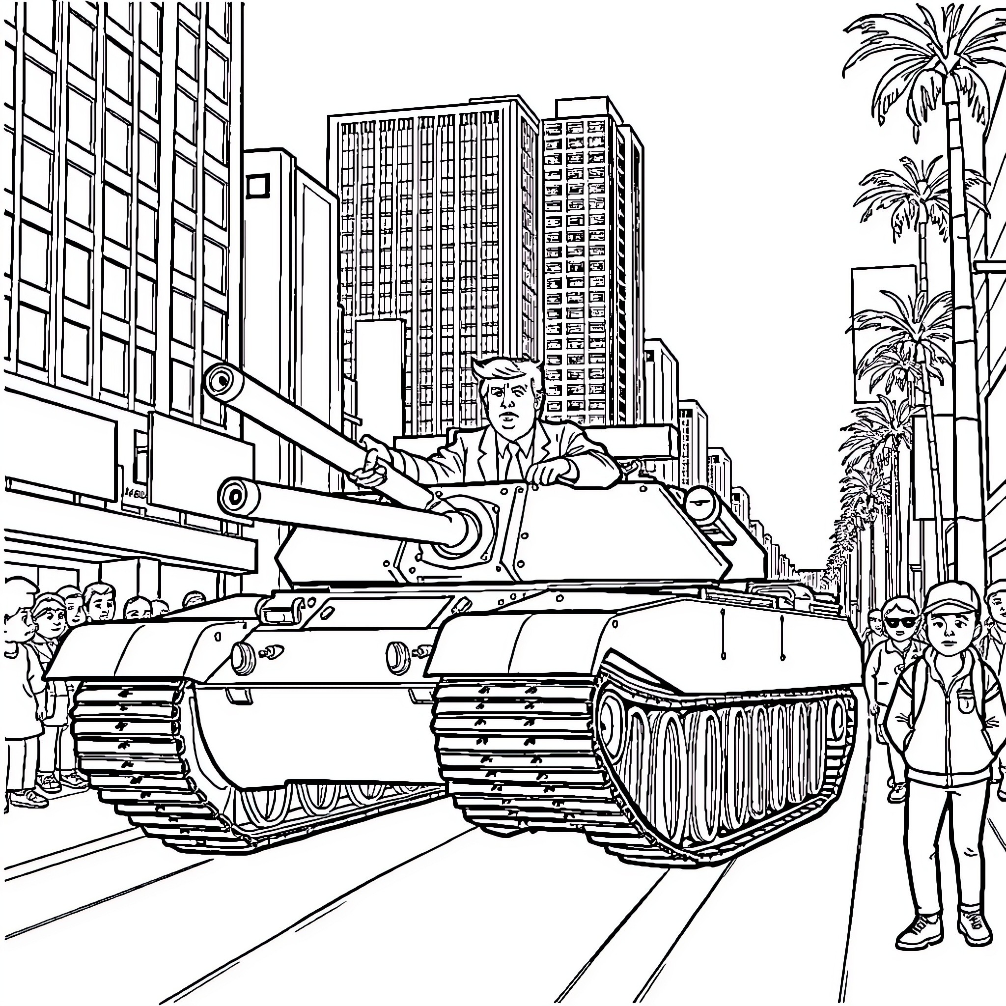 Trump's Triumphant Tank Parade in the City Coloring Page (free black-and-white line drawing printable PDF for all, from beginners to advanced learners, including children, teens, adults, and seniors)