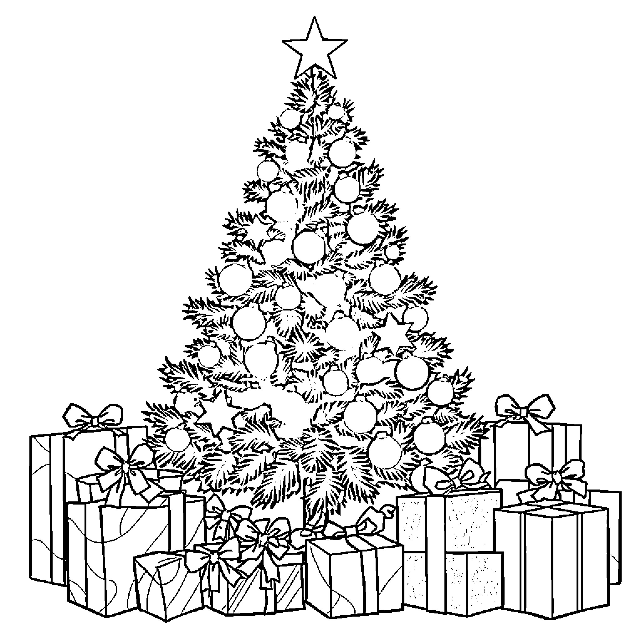 Santa's Christmas Tree with Presents Coloring Page (free black-and-white line drawing printable PDF for all, from beginners to advanced learners, including children, teens, adults, and seniors)