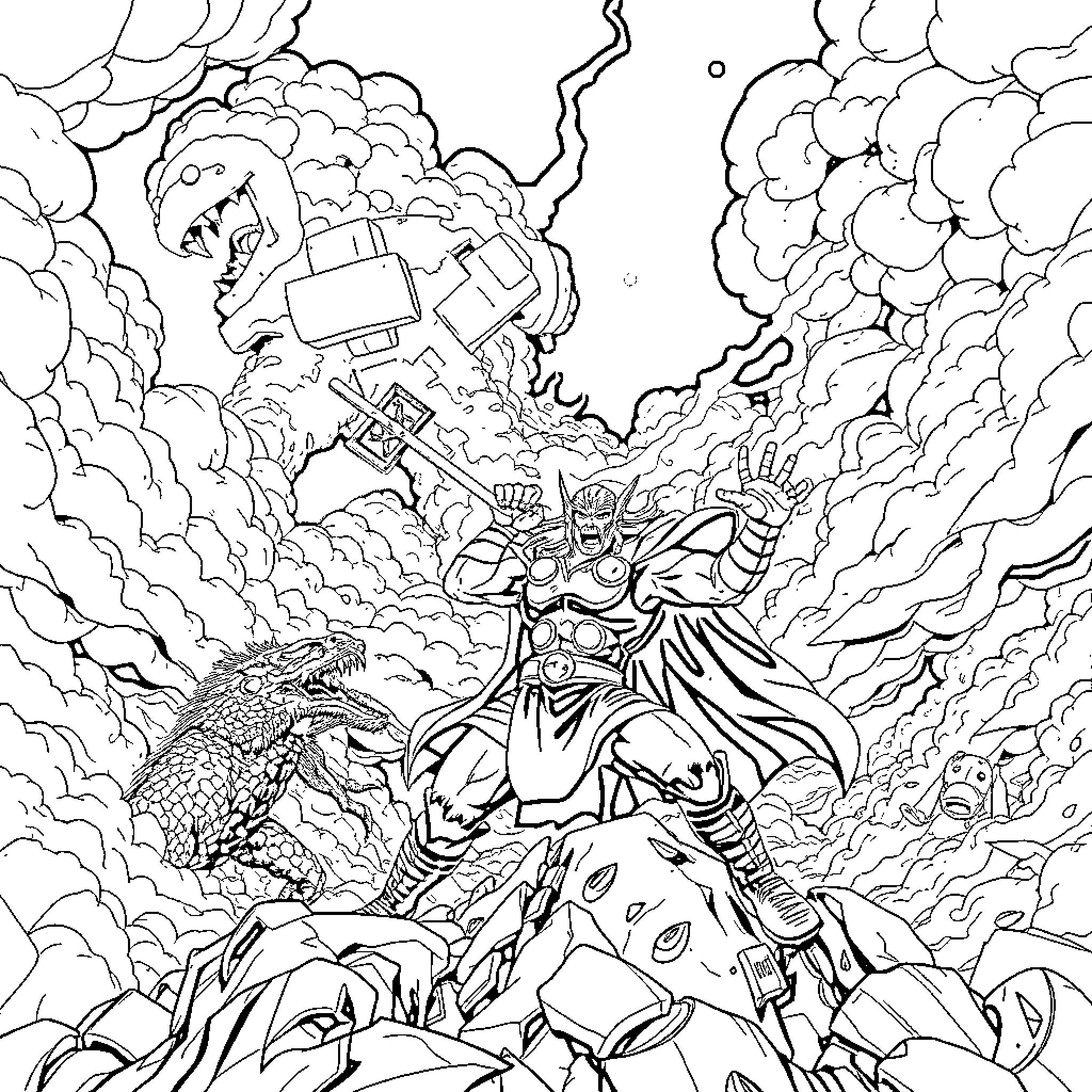 Thor's Mighty Clash with Mythical Foes Coloring Page (free black-and-white line drawing printable PDF for all, from beginners to advanced learners, including children, teens, adults, and seniors)