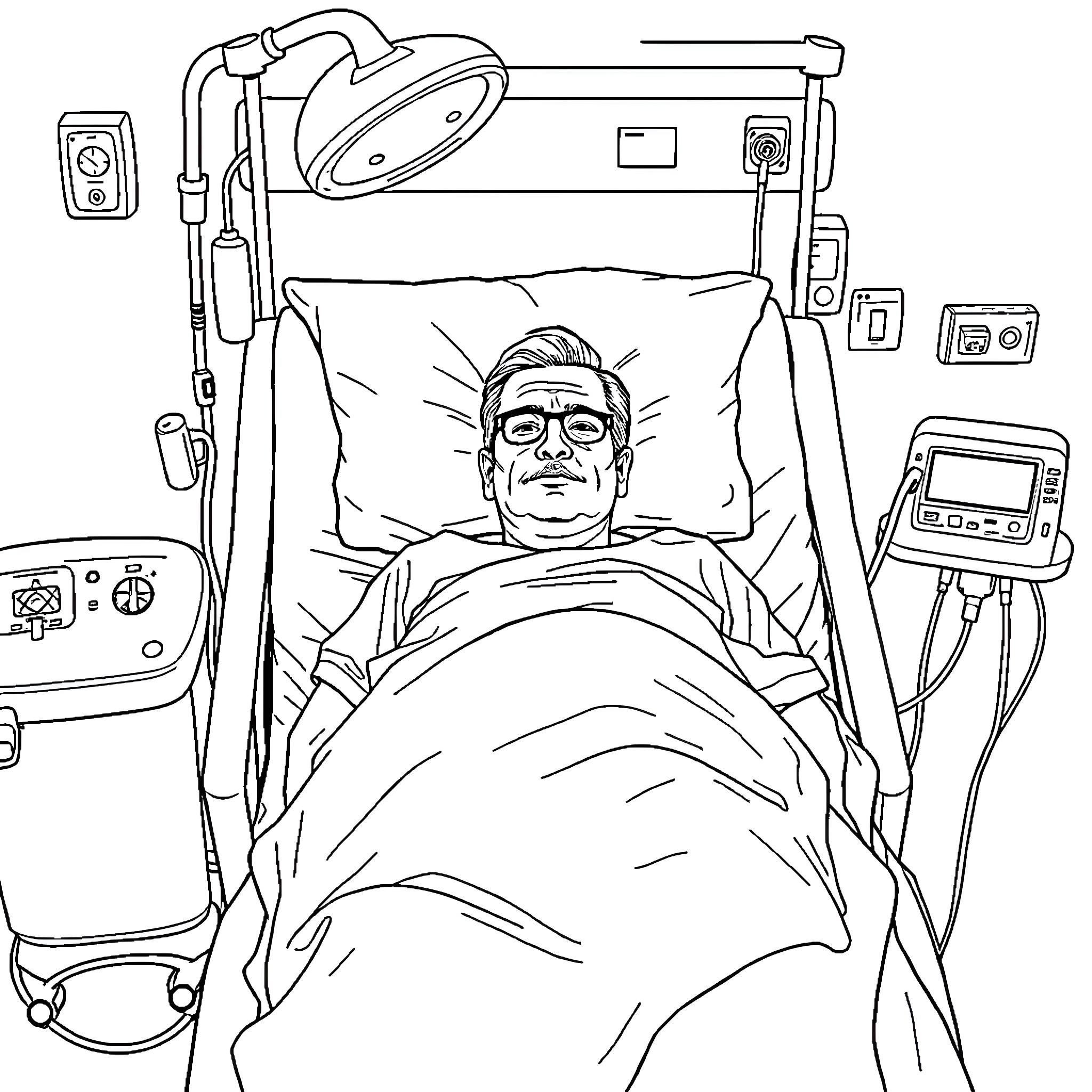 Ion Iliescu undergoing medical treatment in hospital bed Coloring Page (free black-and-white line drawing printable PDF for all, from beginners to advanced learners, including children, teens, adults, and seniors)