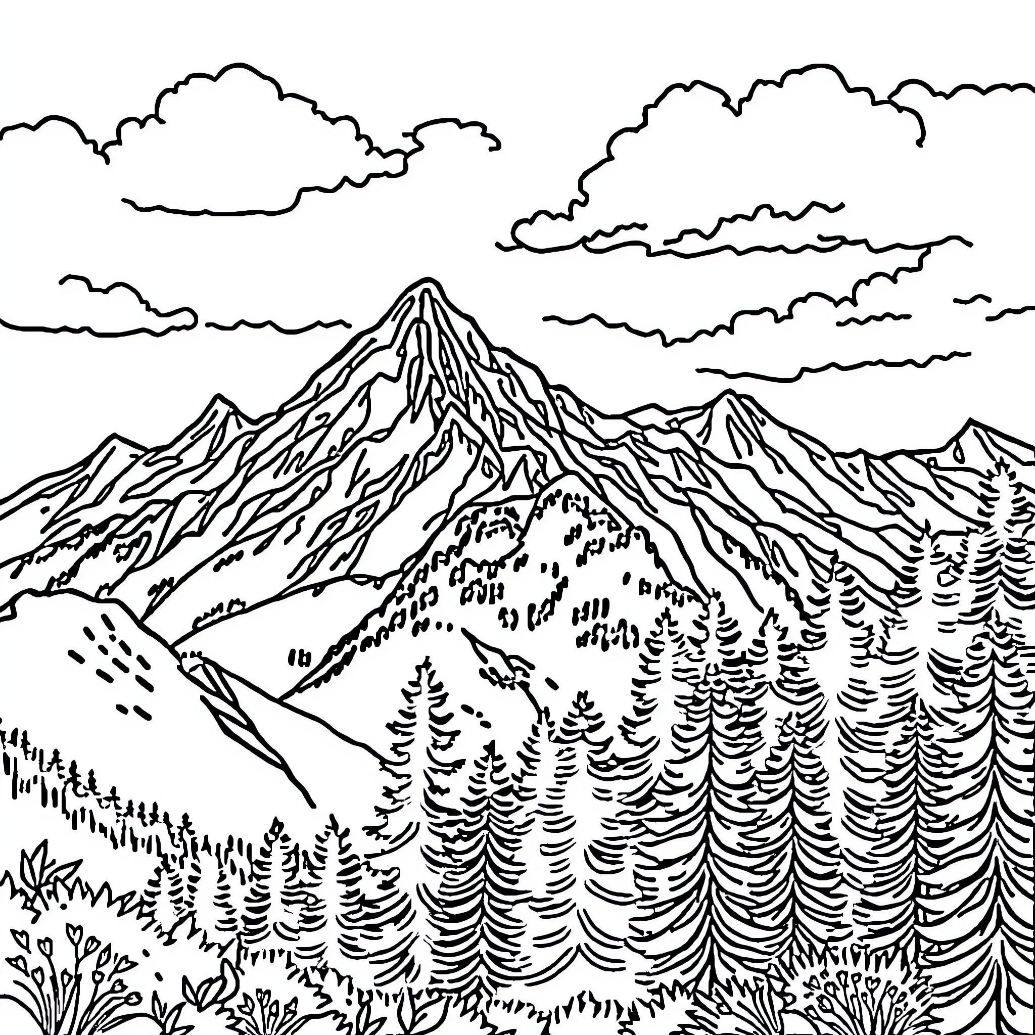 Image of rugged mountain landscape with clouds Coloring Page (free black-and-white line drawing printable PDF for all, from beginners to advanced learners, including children, teens, adults, and seniors)