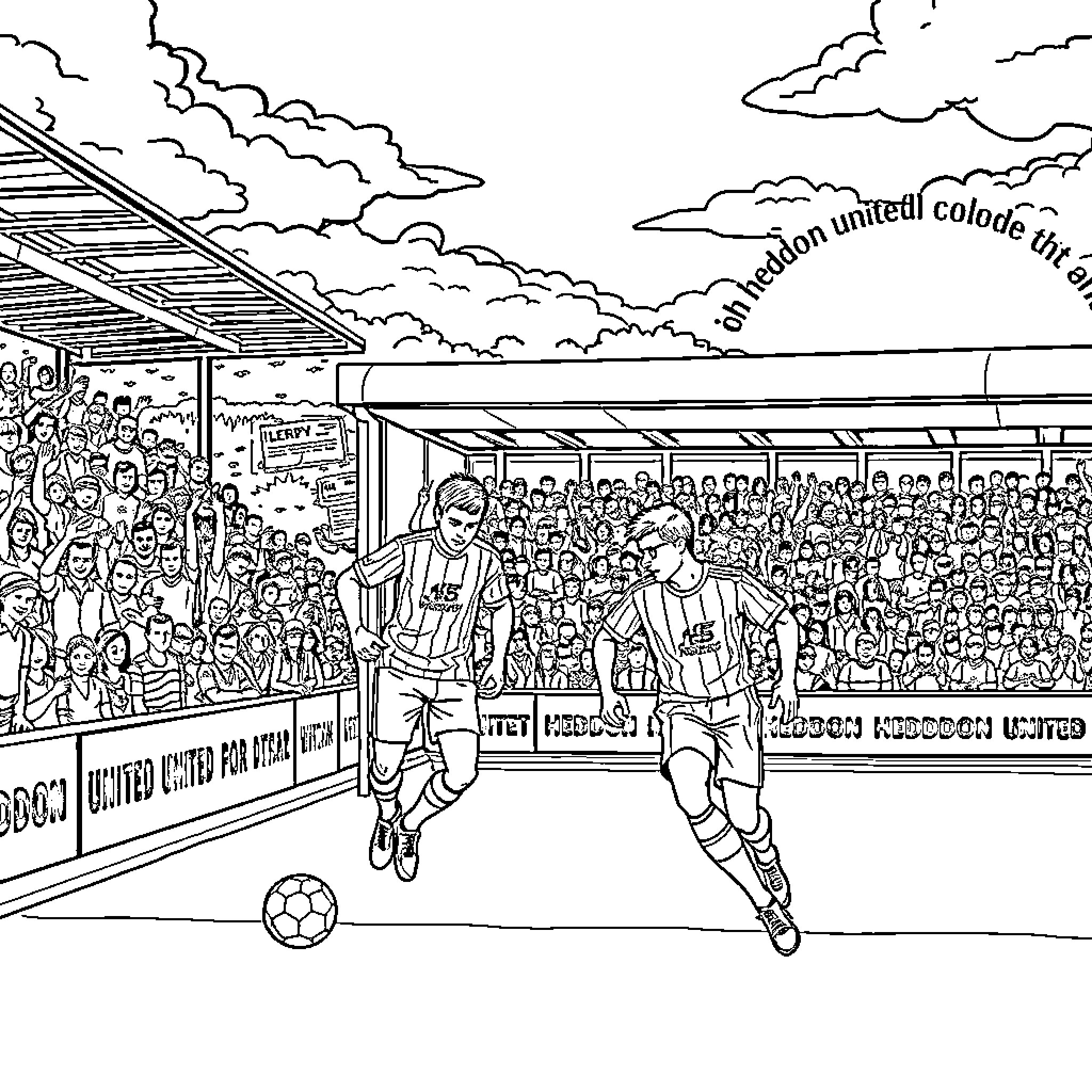 Heddon United: Spirited soccer match on the field Coloring Page (free black-and-white line drawing printable PDF for all, from beginners to advanced learners, including children, teens, adults, and seniors)