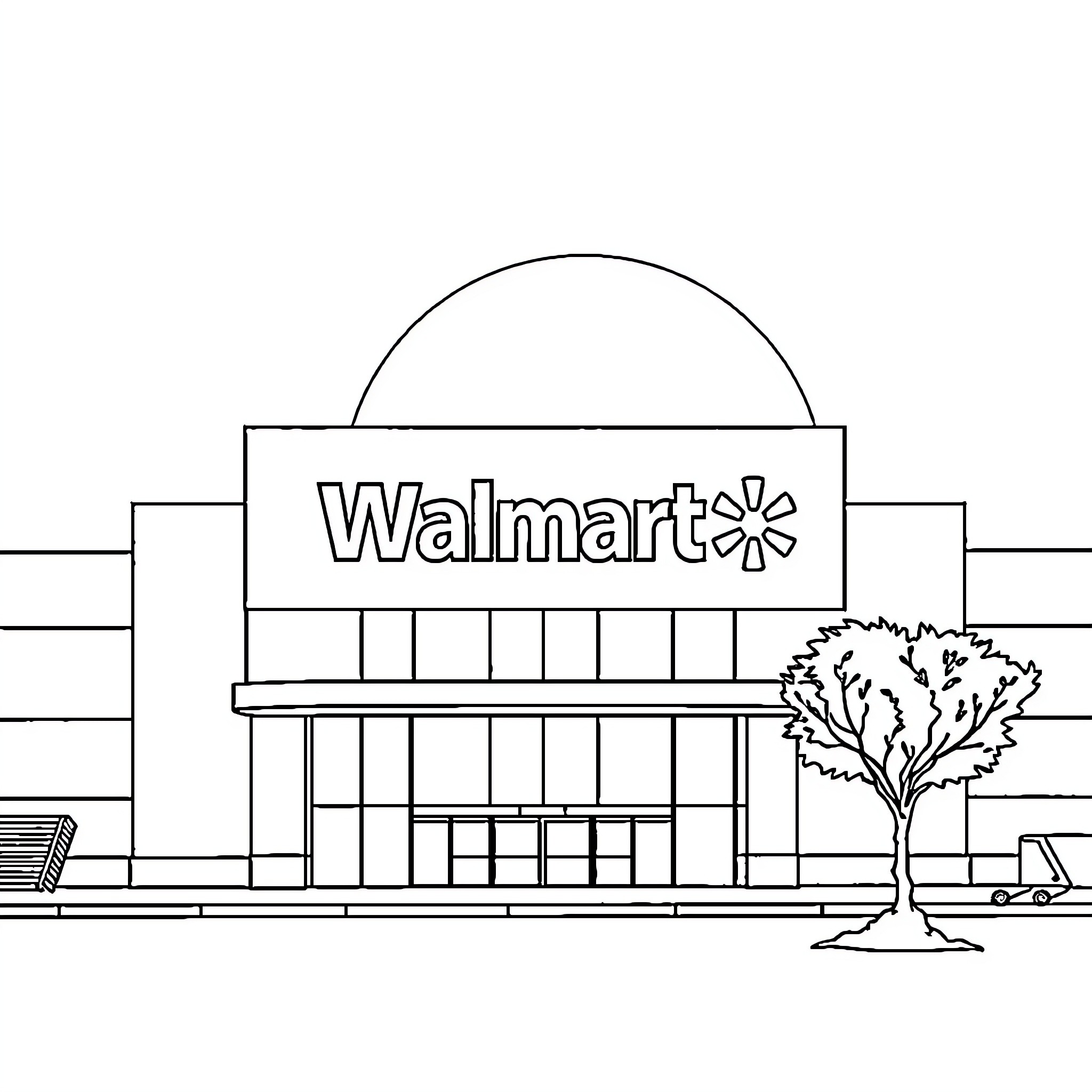 Walmart storefront with tree and parking lot Coloring Page (free black-and-white line drawing printable PDF for all, from beginners to advanced learners, including children, teens, adults, and seniors)