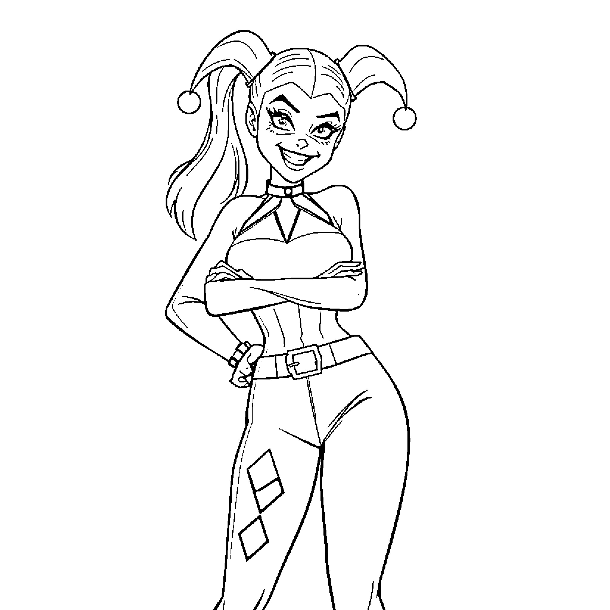 Harley Quinn in playful and mischievous pose Coloring Page (free black-and-white line drawing printable PDF for all, from beginners to advanced learners, including children, teens, adults, and seniors)
