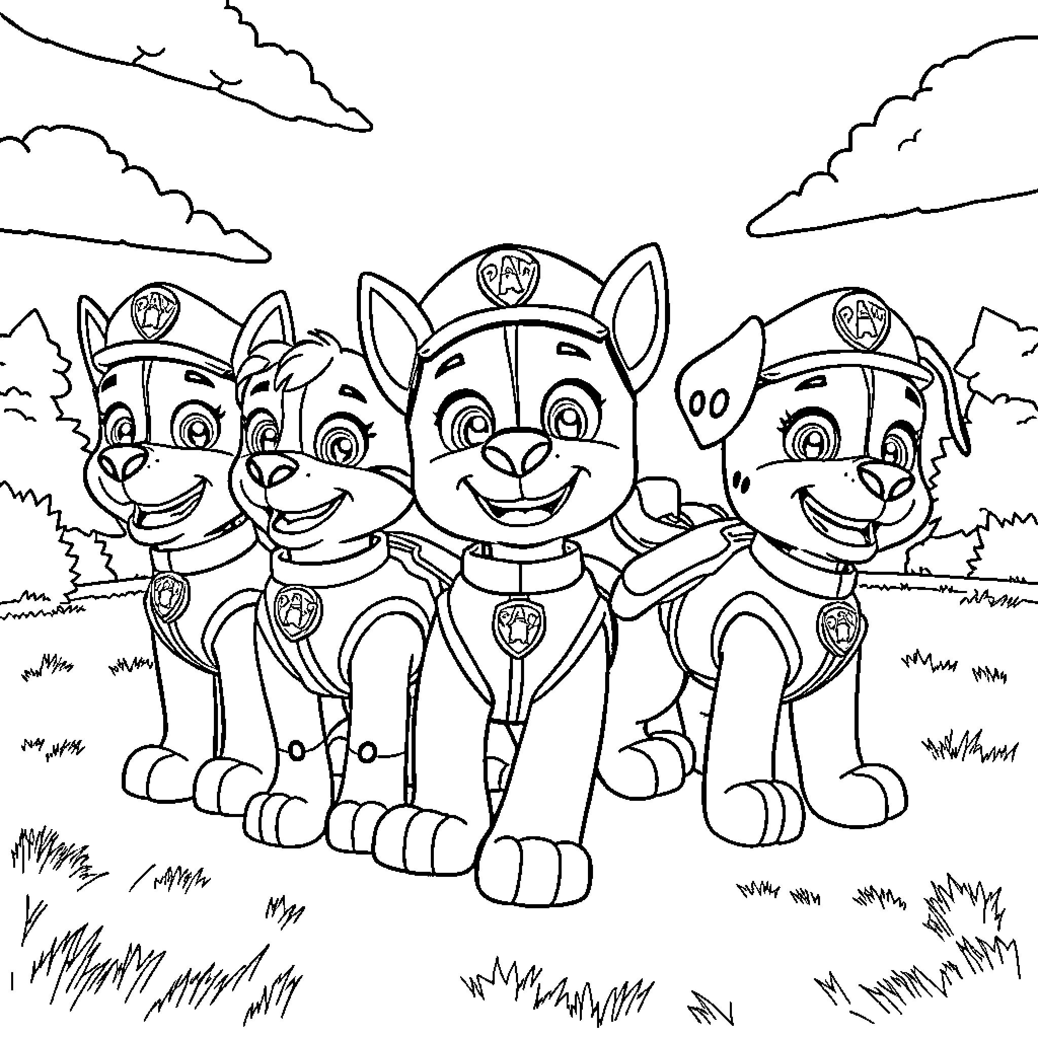 Paw Patrol team in action posing together Coloring Page (free black-and-white line drawing printable PDF for all, from beginners to advanced learners, including children, teens, adults, and seniors)