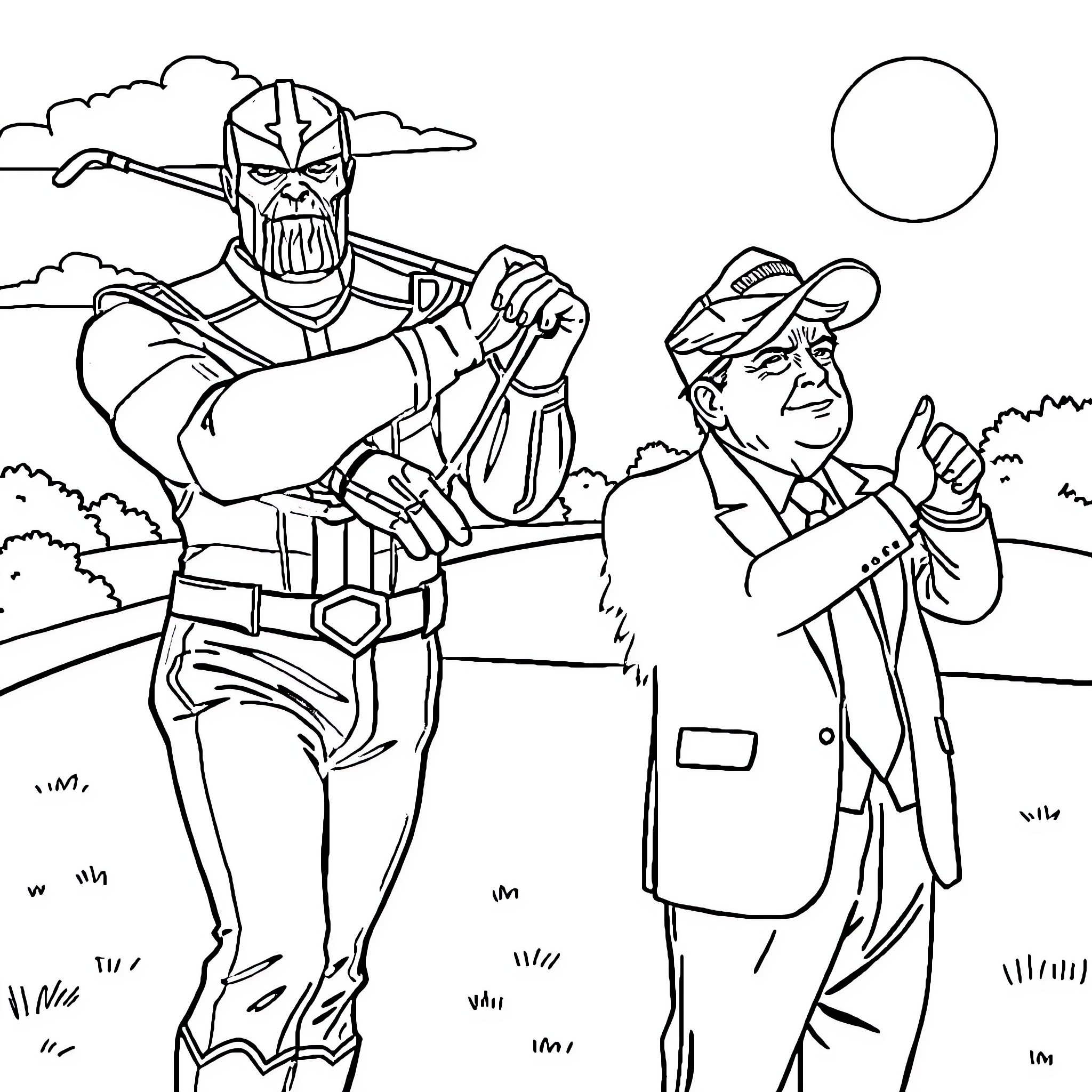 Thanos confronting a suited man in the field Coloring Page (free black-and-white line drawing printable PDF for all, from beginners to advanced learners, including children, teens, adults, and seniors)