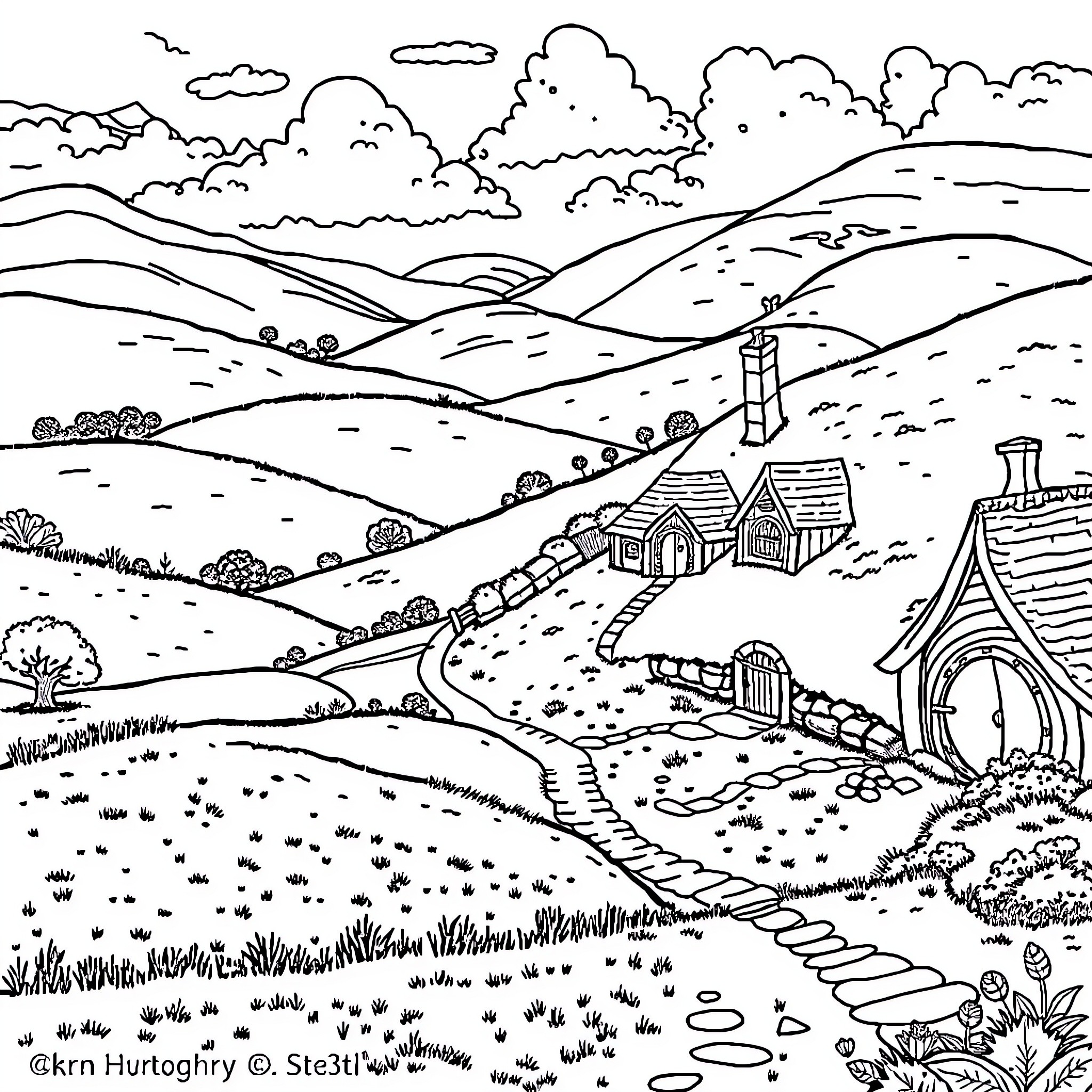 Shire Landscape with Quaint Cottages and Winding Paths Coloring Page (free black-and-white line drawing printable PDF for all, from beginners to advanced learners, including children, teens, adults, and seniors)
