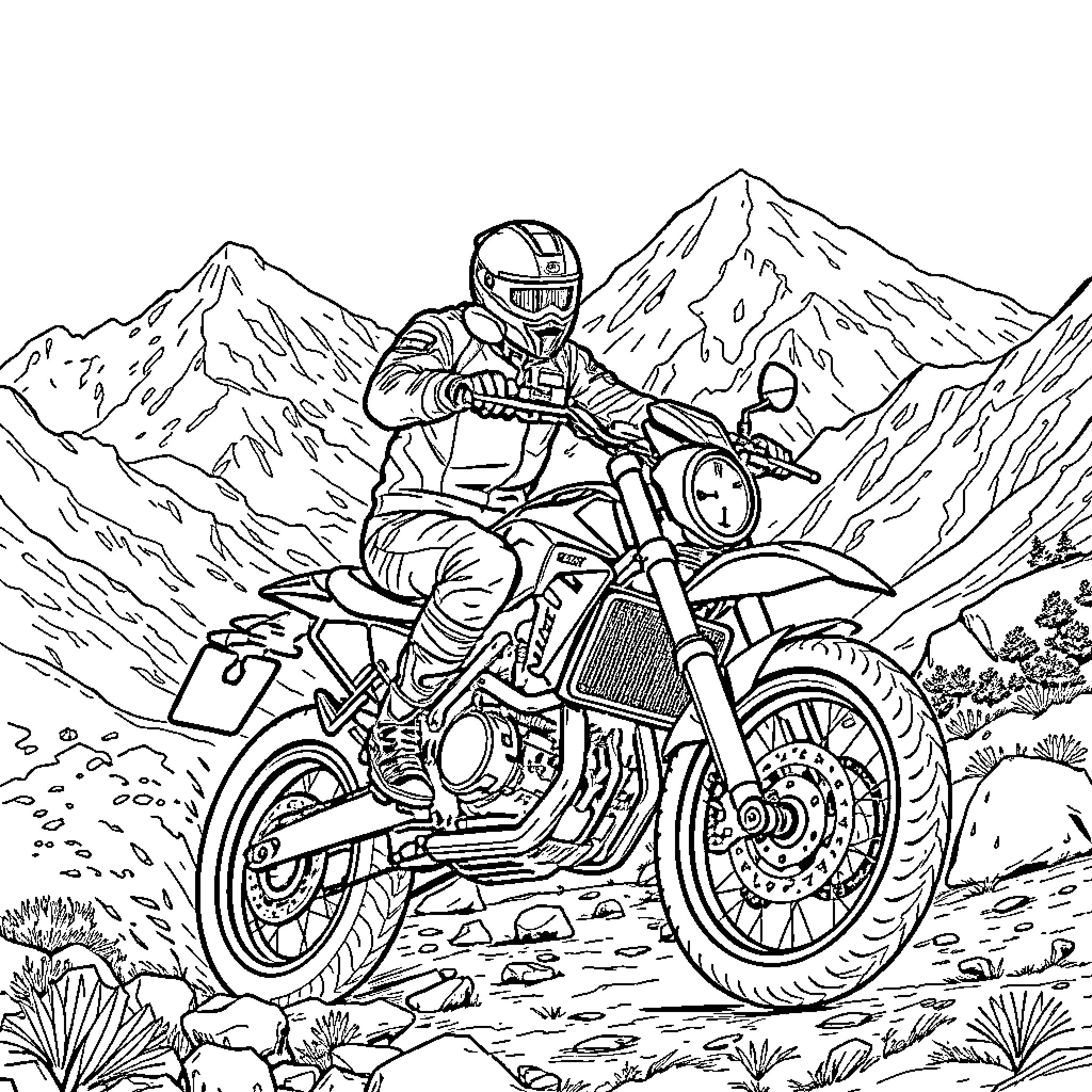 Joel Robert riding motorcycle through rugged mountain terrain Coloring Page (free black-and-white line drawing printable PDF for all, from beginners to advanced learners, including children, teens, adults, and seniors)