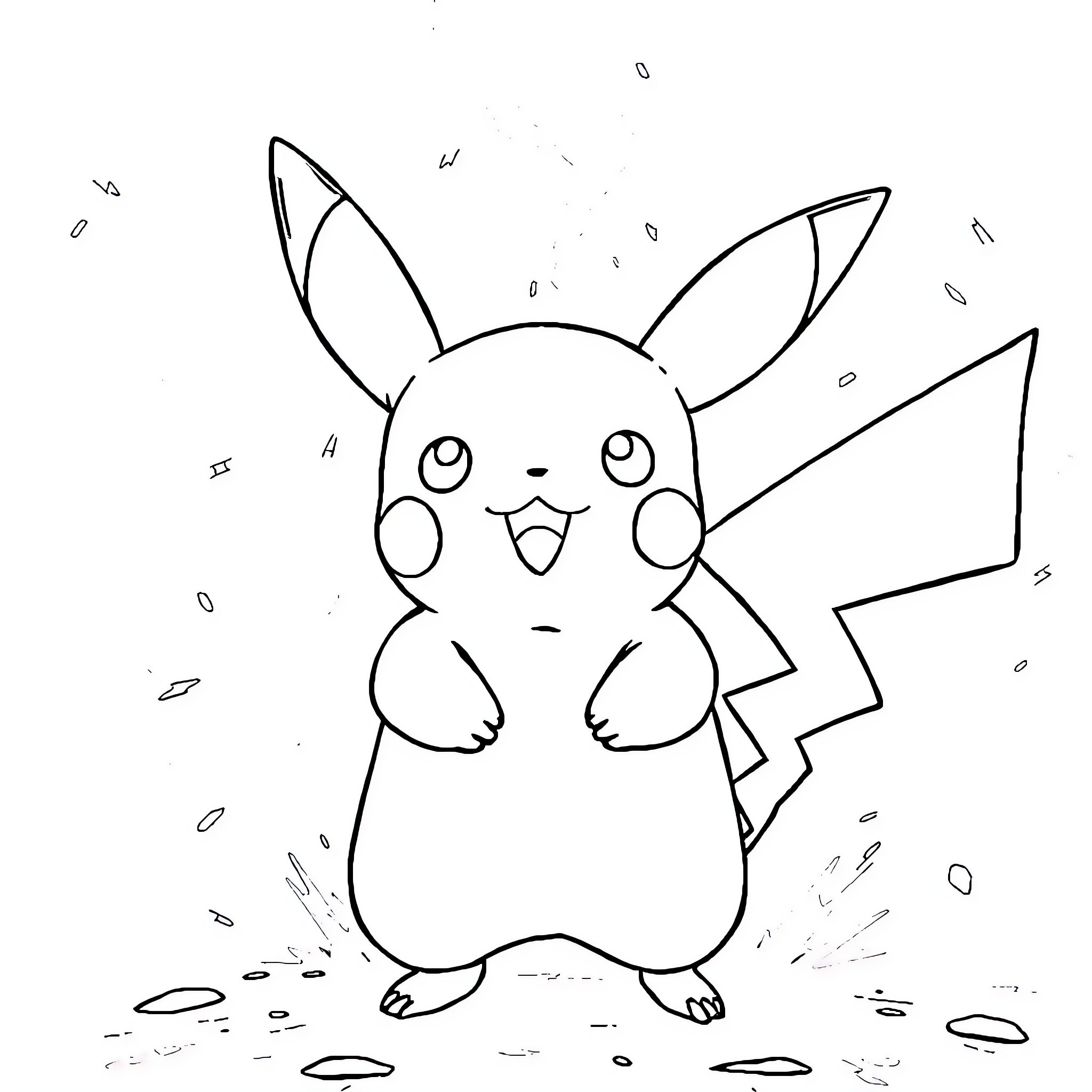 Pikachu cheerfully splashing through puddles Coloring Page (free black-and-white line drawing printable PDF for all, from beginners to advanced learners, including children, teens, adults, and seniors)