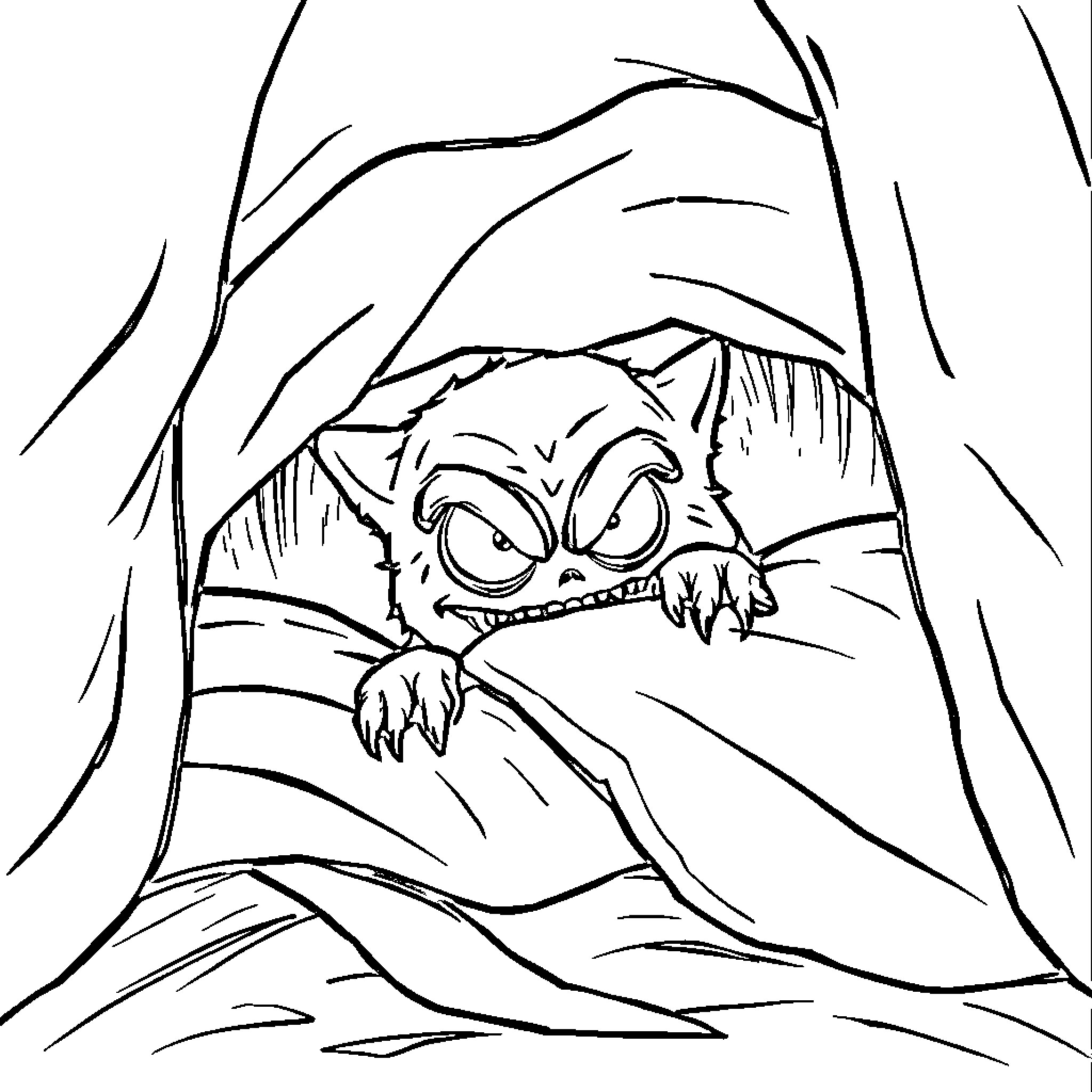 Monster lurking in the shadows Coloring Page (free black-and-white line drawing printable PDF for all, from beginners to advanced learners, including children, teens, adults, and seniors)