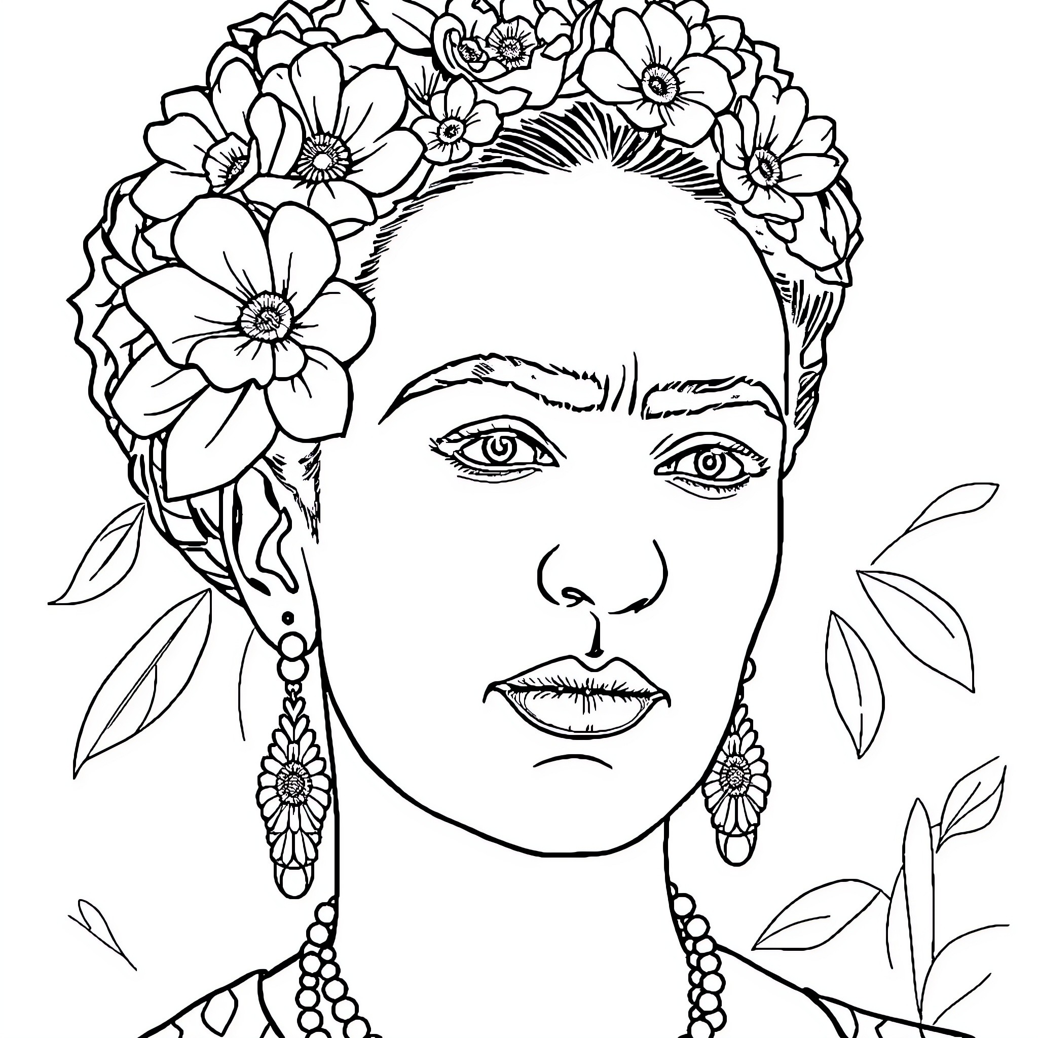 Frida Kahlo's Expressive Portrait with Floral Headpiece Coloring Page (free black-and-white line drawing printable PDF for all, from beginners to advanced learners, including children, teens, adults, and seniors)