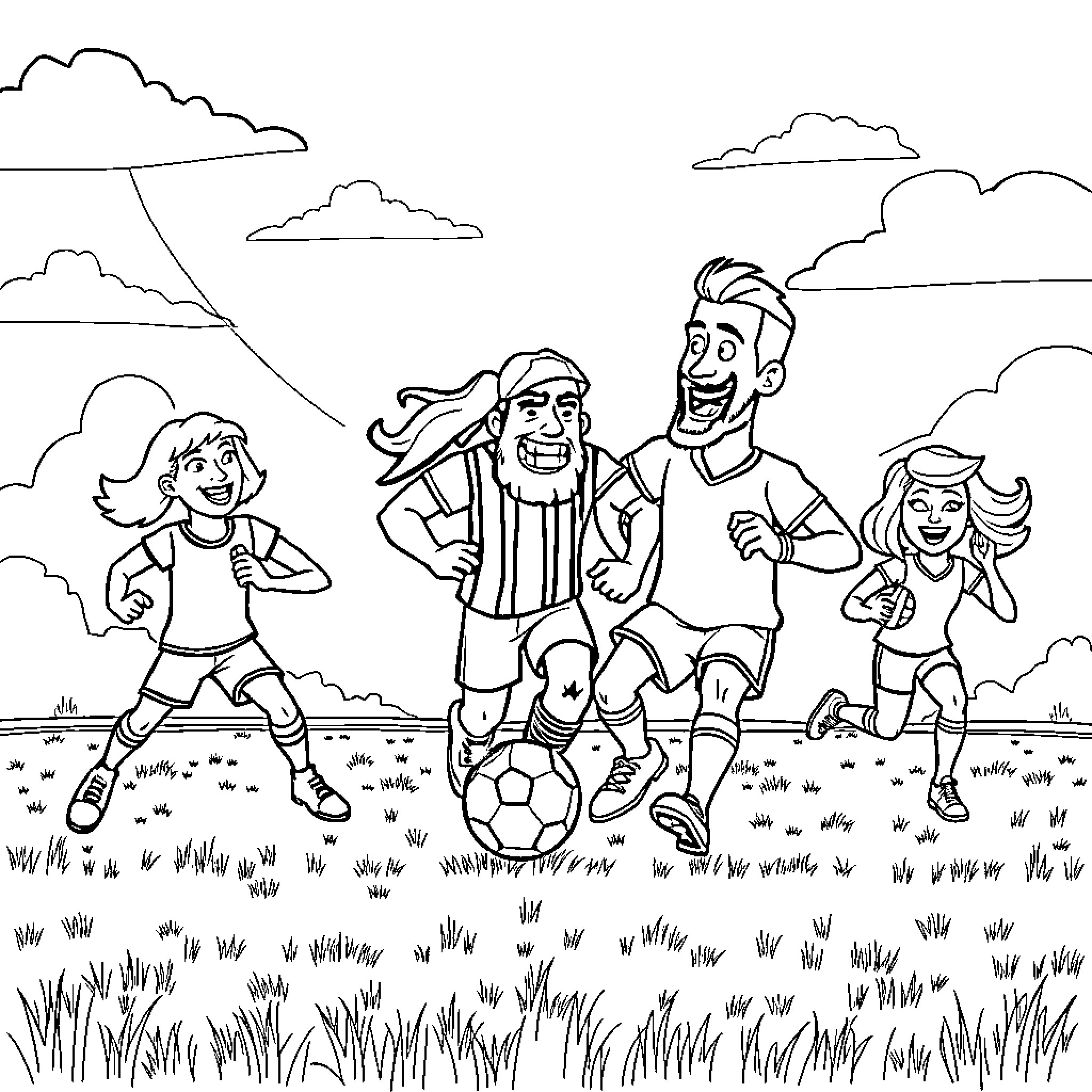 Total Drama Characters Playing Soccer Together Coloring Page (free black-and-white line drawing printable PDF for all, from beginners to advanced learners, including children, teens, adults, and seniors)