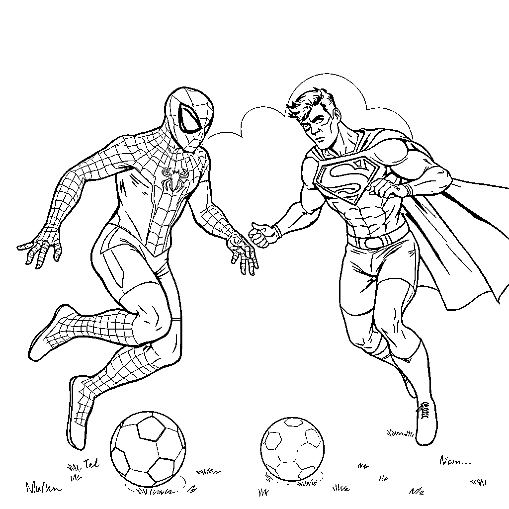 Spiderman battling against Superman in a sports field Coloring Page (free black-and-white line drawing printable PDF for all, from beginners to advanced learners, including children, teens, adults, and seniors)