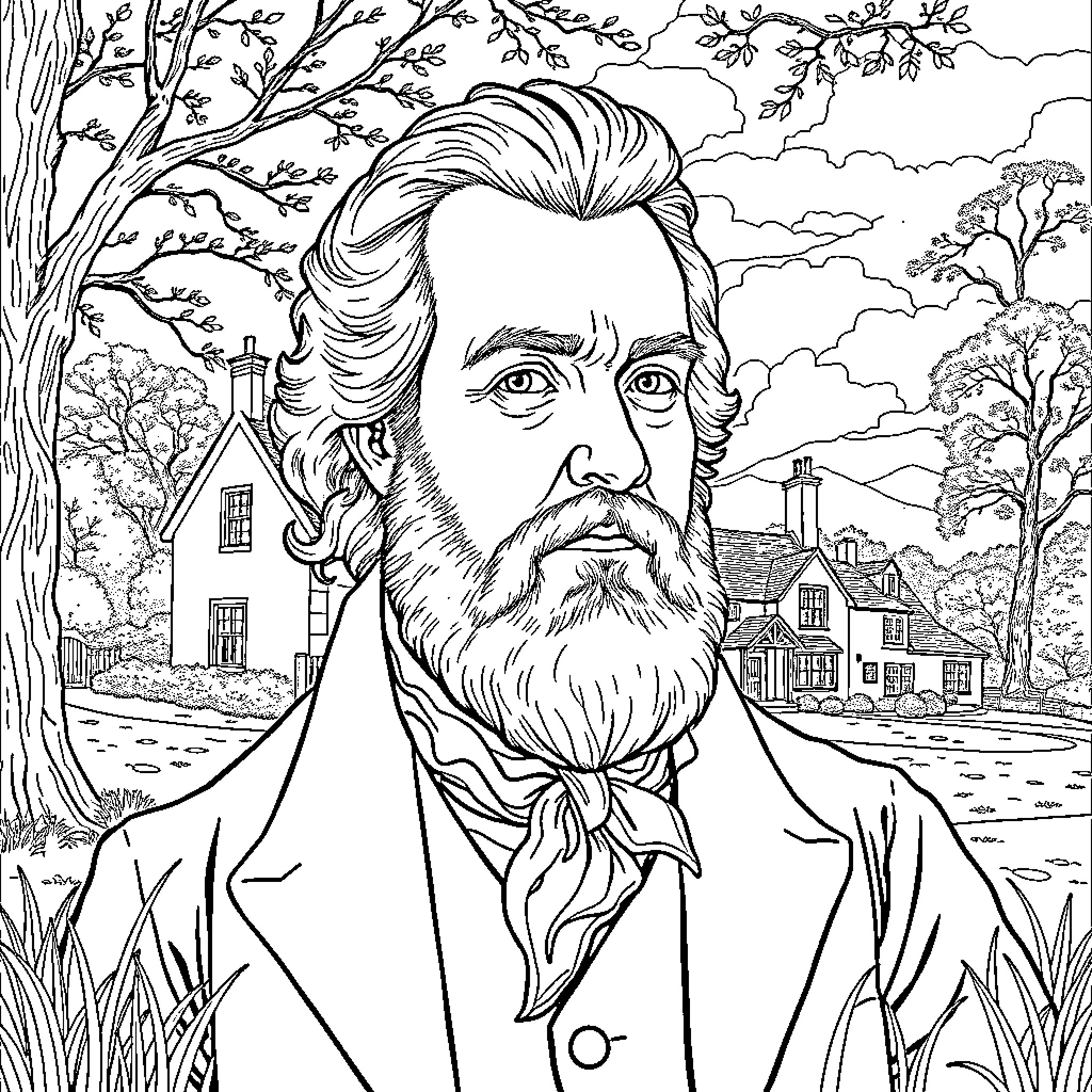 Robert Burns depicted in nature with rural landscape Coloring Page (free black-and-white line drawing printable PDF for all, from beginners to advanced learners, including children, teens, adults, and seniors)