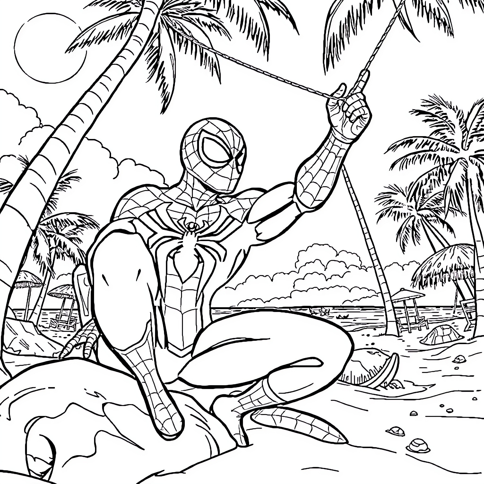 Spider-Man swinging on a palm tree in a tropical setting Coloring Page (free black-and-white line drawing printable PDF for all, from beginners to advanced learners, including children, teens, adults, and seniors)