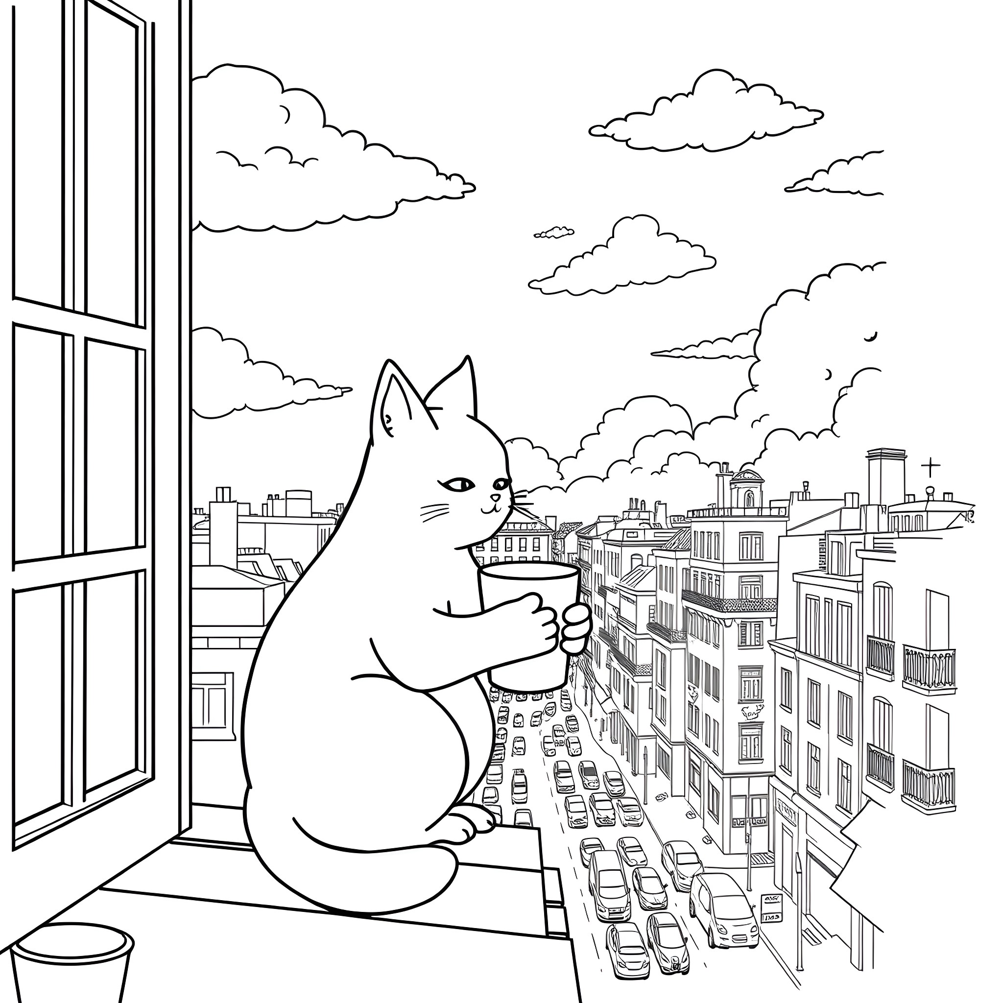 Cat watching over the city skyline Coloring Page (free black-and-white line drawing printable PDF for all, from beginners to advanced learners, including children, teens, adults, and seniors)
