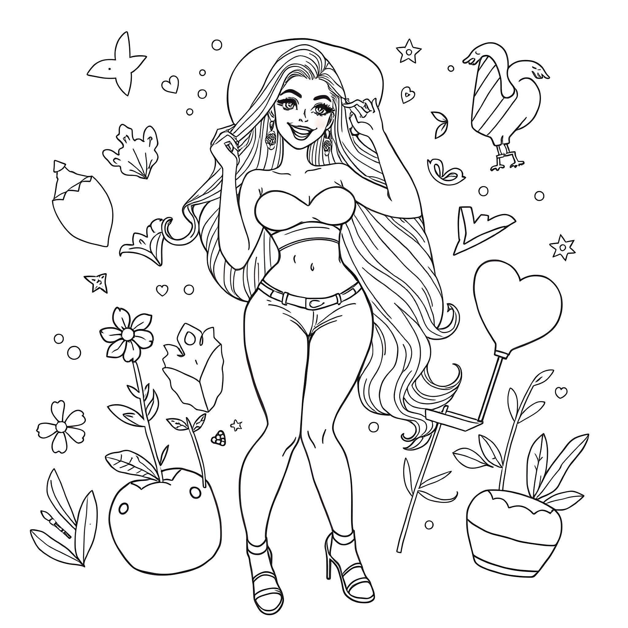 Latina woman posing confidently in cute outfit Coloring Page (free black-and-white line drawing printable PDF for all, from beginners to advanced learners, including children, teens, adults, and seniors)