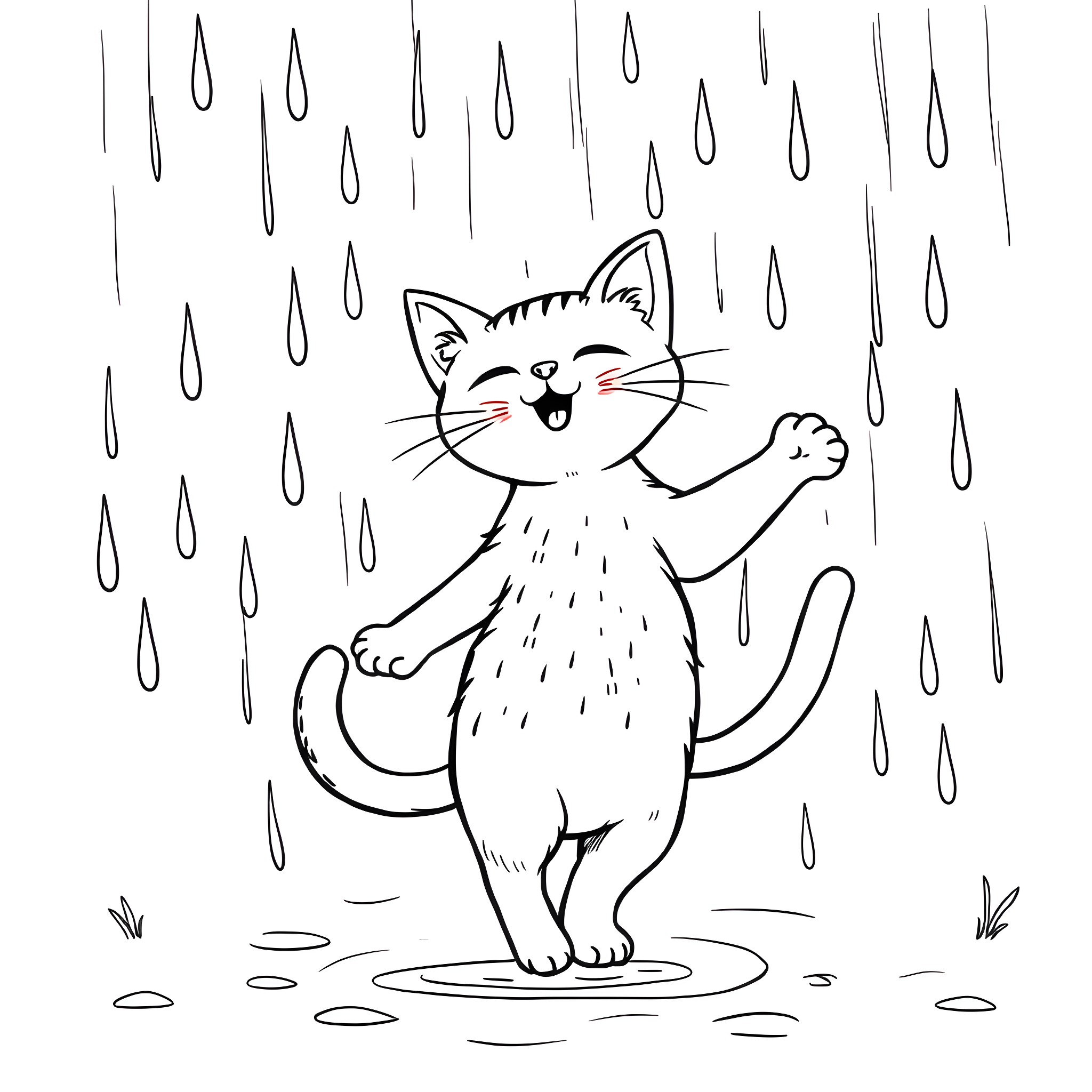 Cat enjoying the rain Coloring Page (free black-and-white line drawing printable PDF for all, from beginners to advanced learners, including children, teens, adults, and seniors)