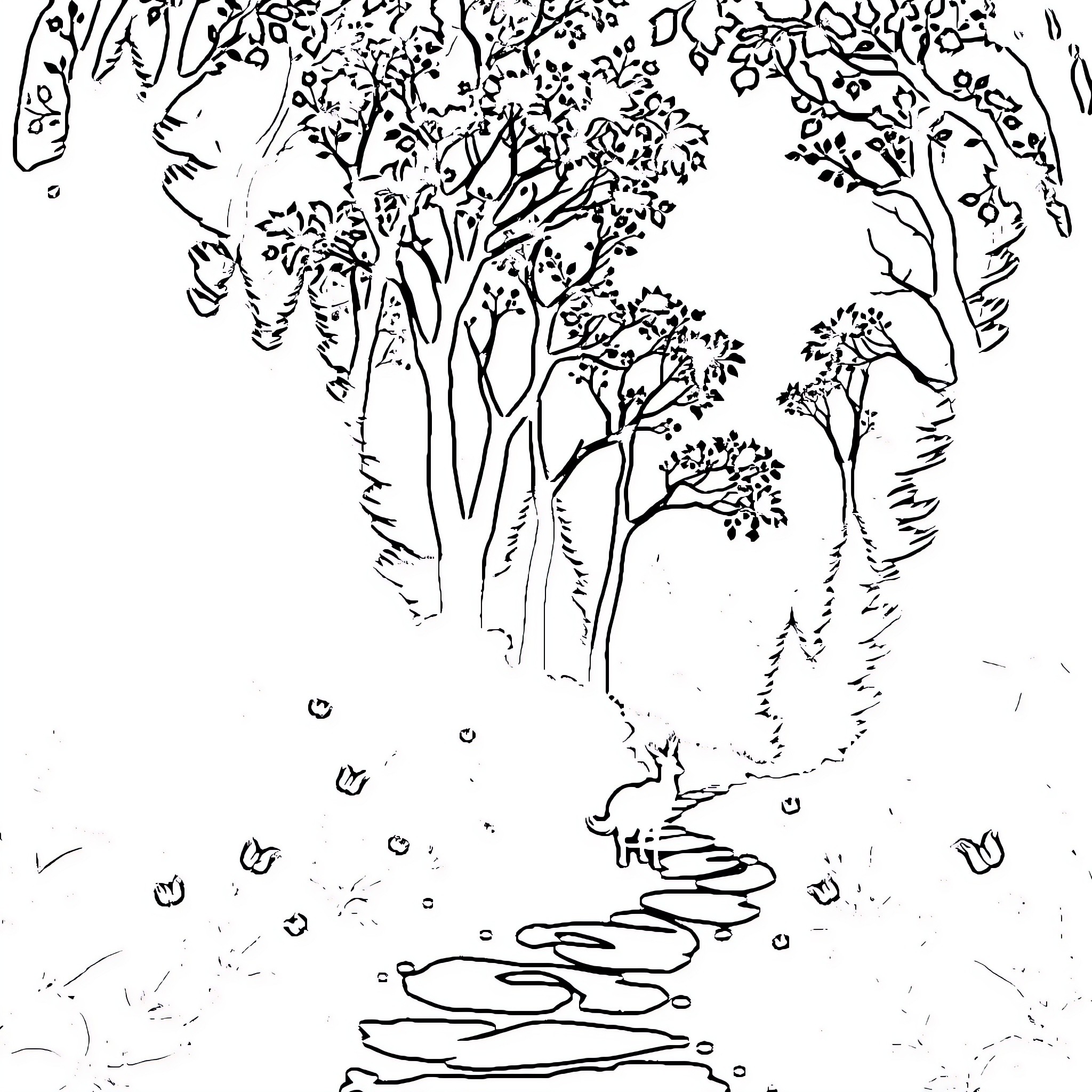 Unicorn wandering in a magical forest Coloring Page (free black-and-white line drawing printable PDF for all, from beginners to advanced learners, including children, teens, adults, and seniors)