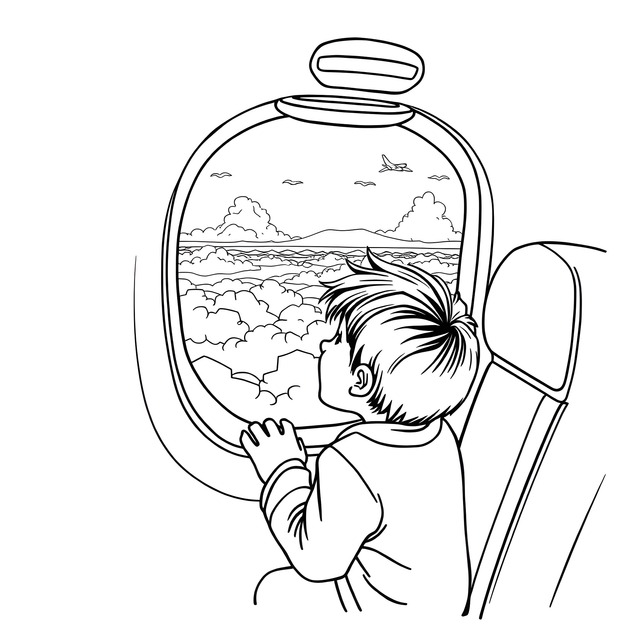 Kid looking through a glass dome at the ocean Coloring Page (free black-and-white line drawing printable PDF for all, from beginners to advanced learners, including children, teens, adults, and seniors)