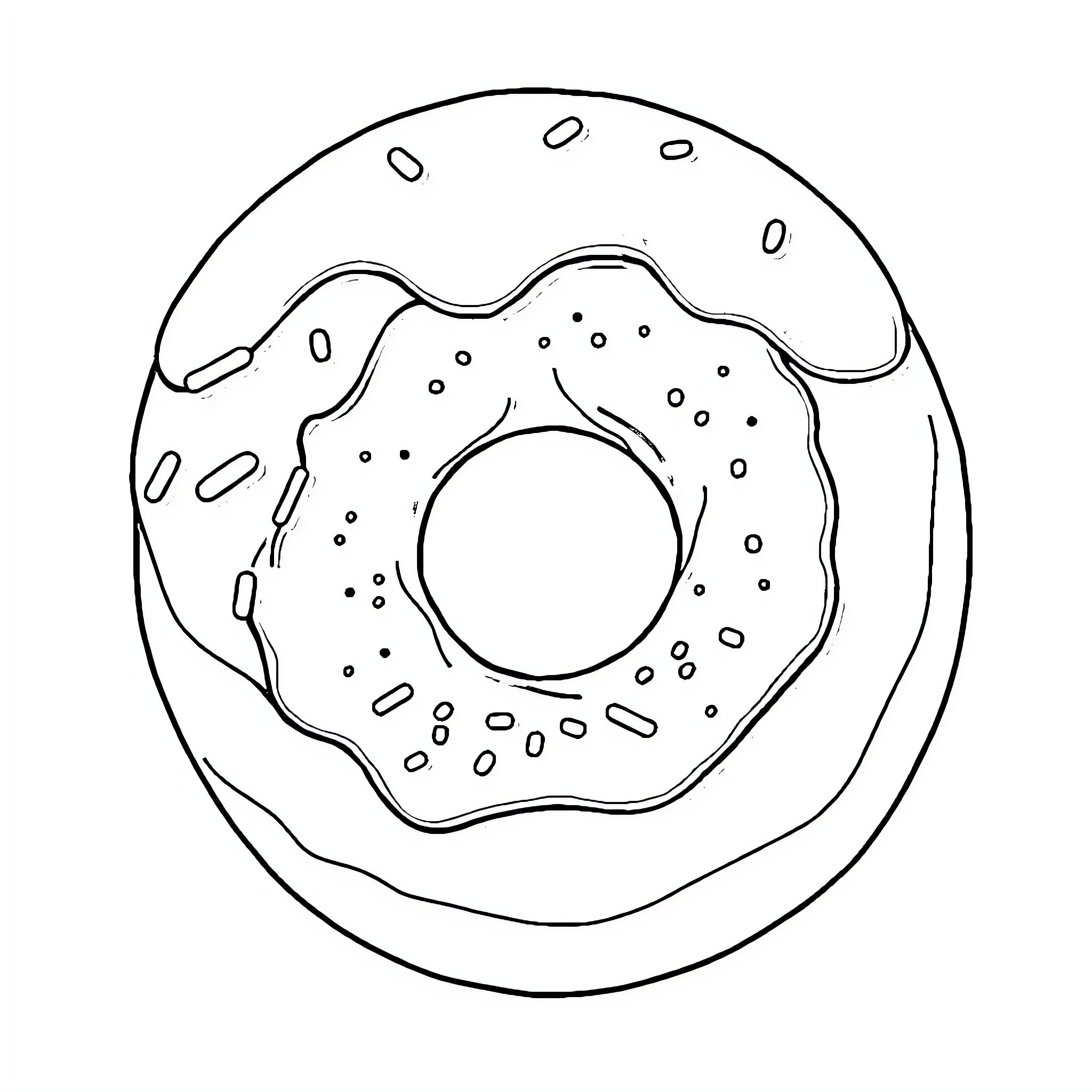 Donut with dripping icing and sprinkles Coloring Page (free black-and-white line drawing printable PDF for all, from beginners to advanced learners, including children, teens, adults, and seniors)