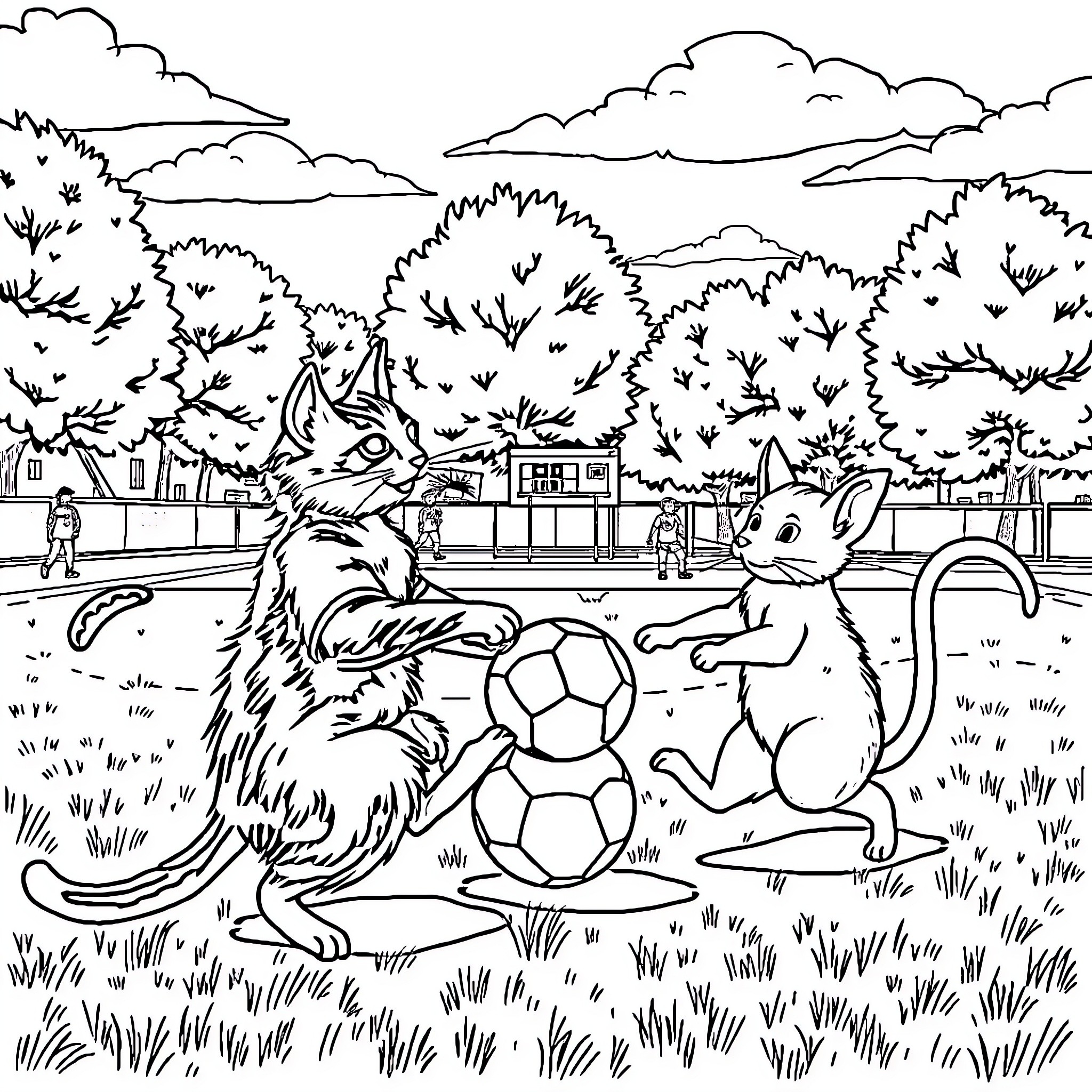 Cat and Mouse Playing Soccer in the Park Coloring Page (free black-and-white line drawing printable PDF for all, from beginners to advanced learners, including children, teens, adults, and seniors)