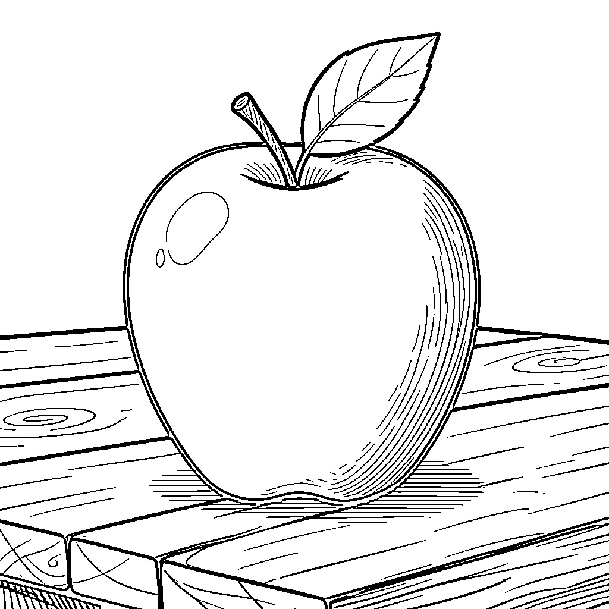 Apple resting on a wooden surface Coloring Page (free black-and-white line drawing printable PDF for all, from beginners to advanced learners, including children, teens, adults, and seniors)