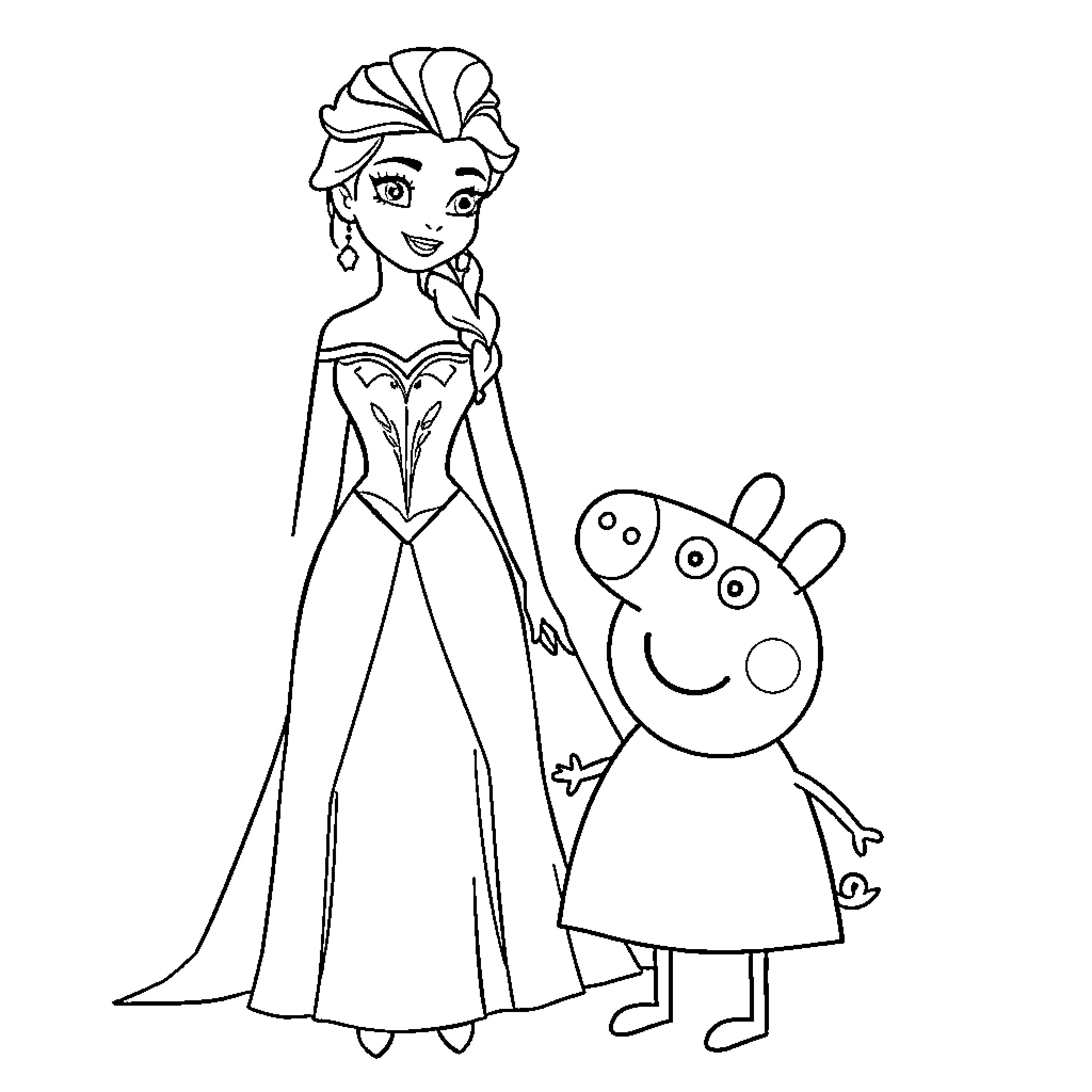Elsa and Peppa Pig in a Magical Adventure Coloring Page (free black-and-white line drawing printable PDF for all, from beginners to advanced learners, including children, teens, adults, and seniors)
