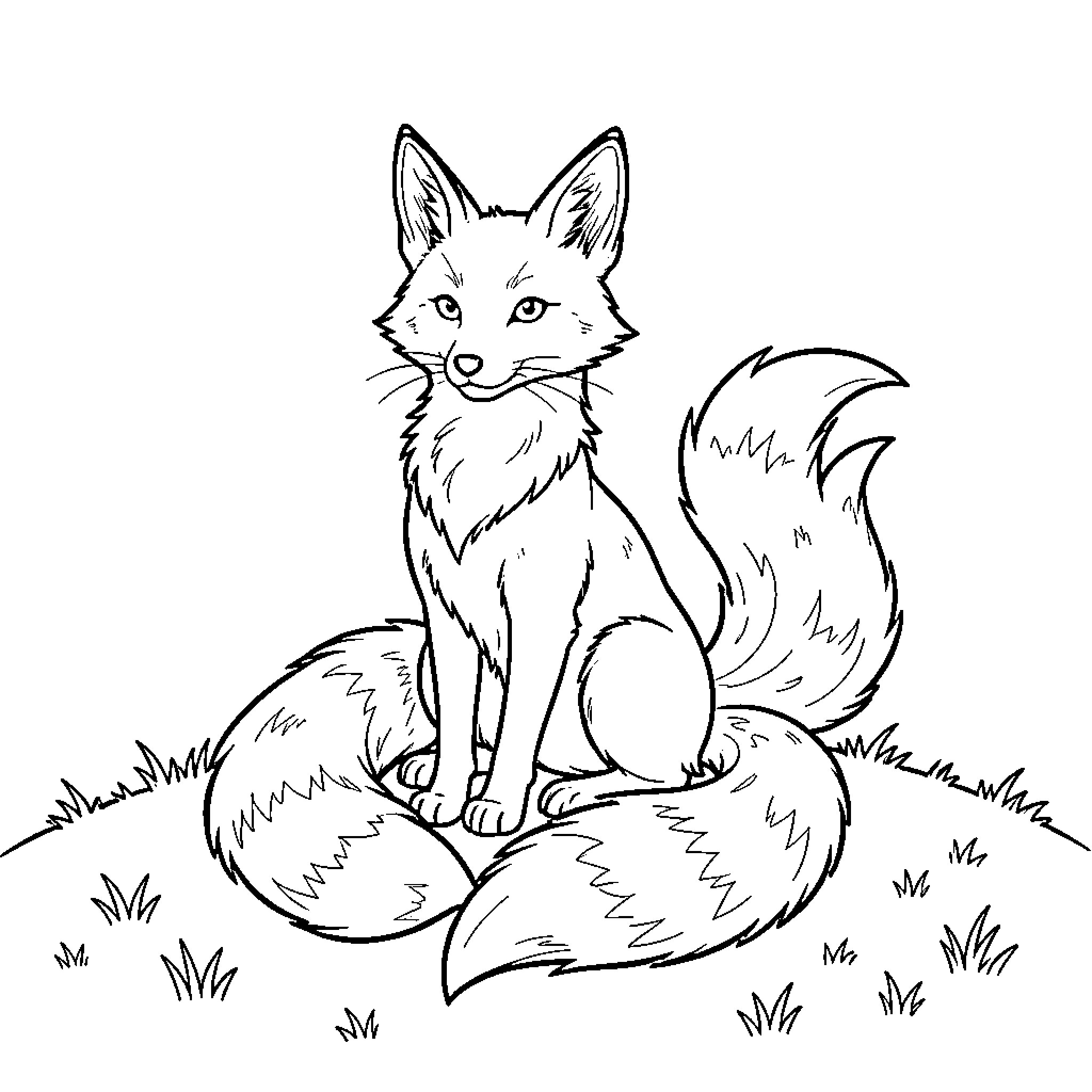 Kitsune sitting calmly on a grassy hill Coloring Page (free black-and-white line drawing printable PDF for all, from beginners to advanced learners, including children, teens, adults, and seniors)