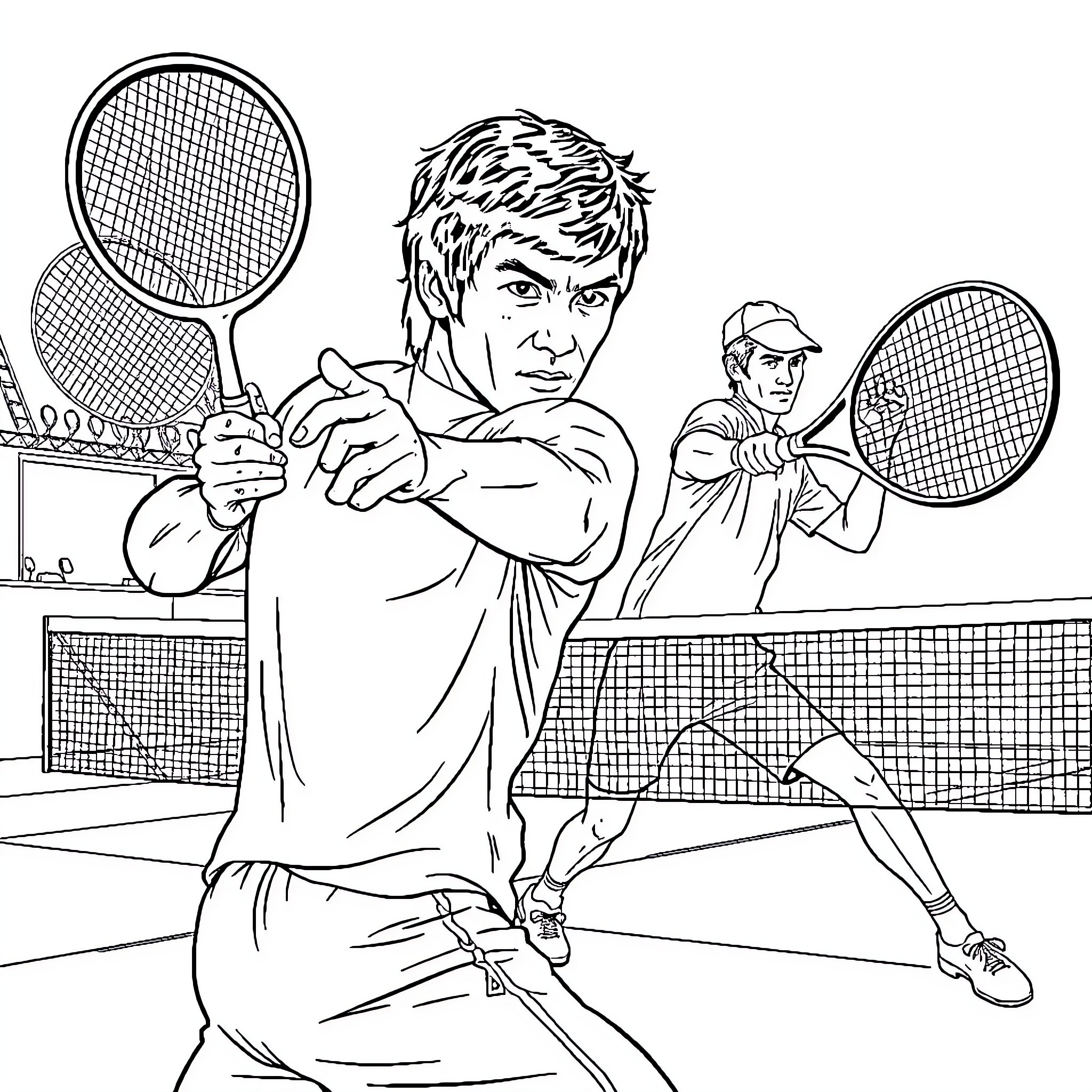 Bruce Lee playing tennis with determination Coloring Page (free black-and-white line drawing printable PDF for all, from beginners to advanced learners, including children, teens, adults, and seniors)