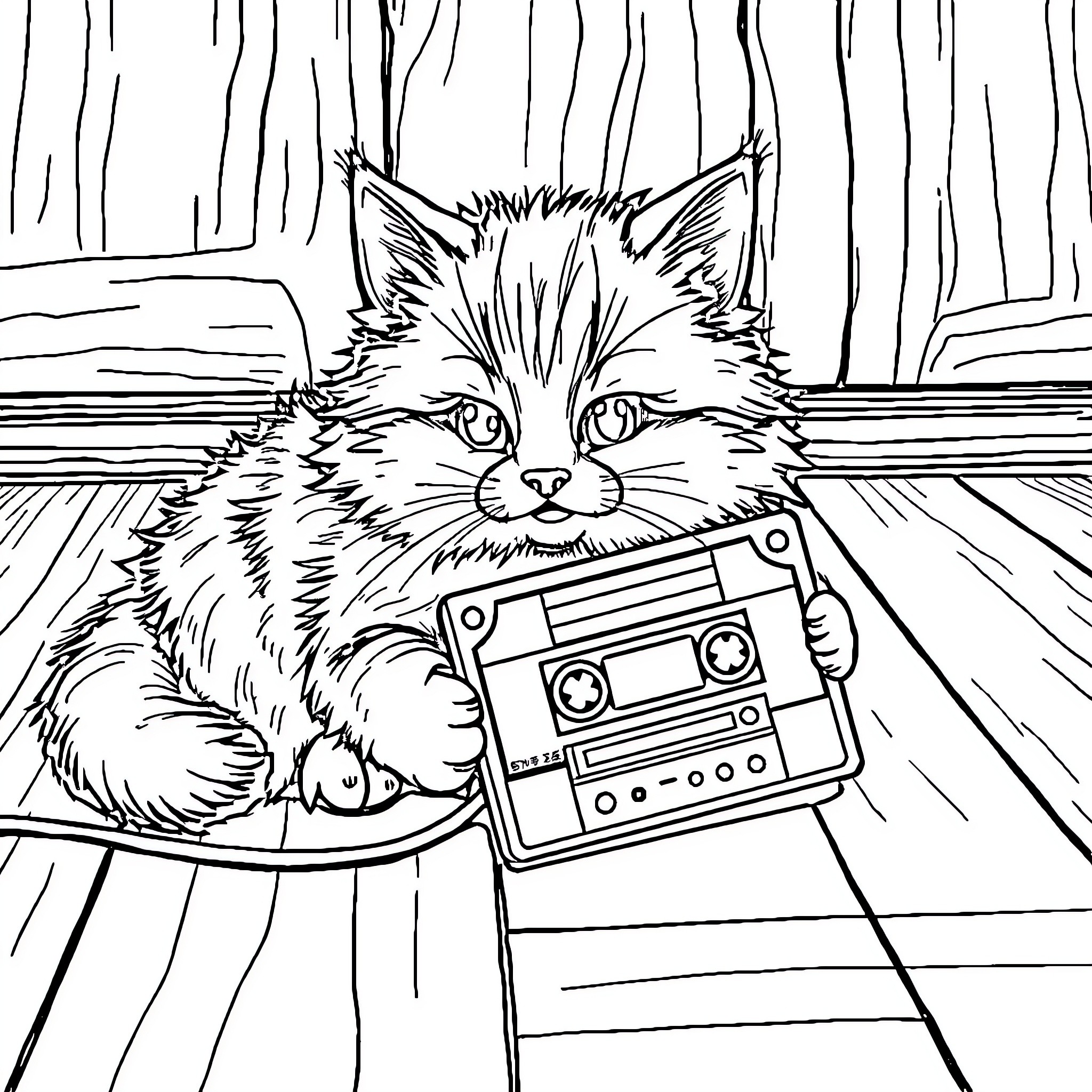 Cat listening to music in the woods Coloring Page (free black-and-white line drawing printable PDF for all, from beginners to advanced learners, including children, teens, adults, and seniors)