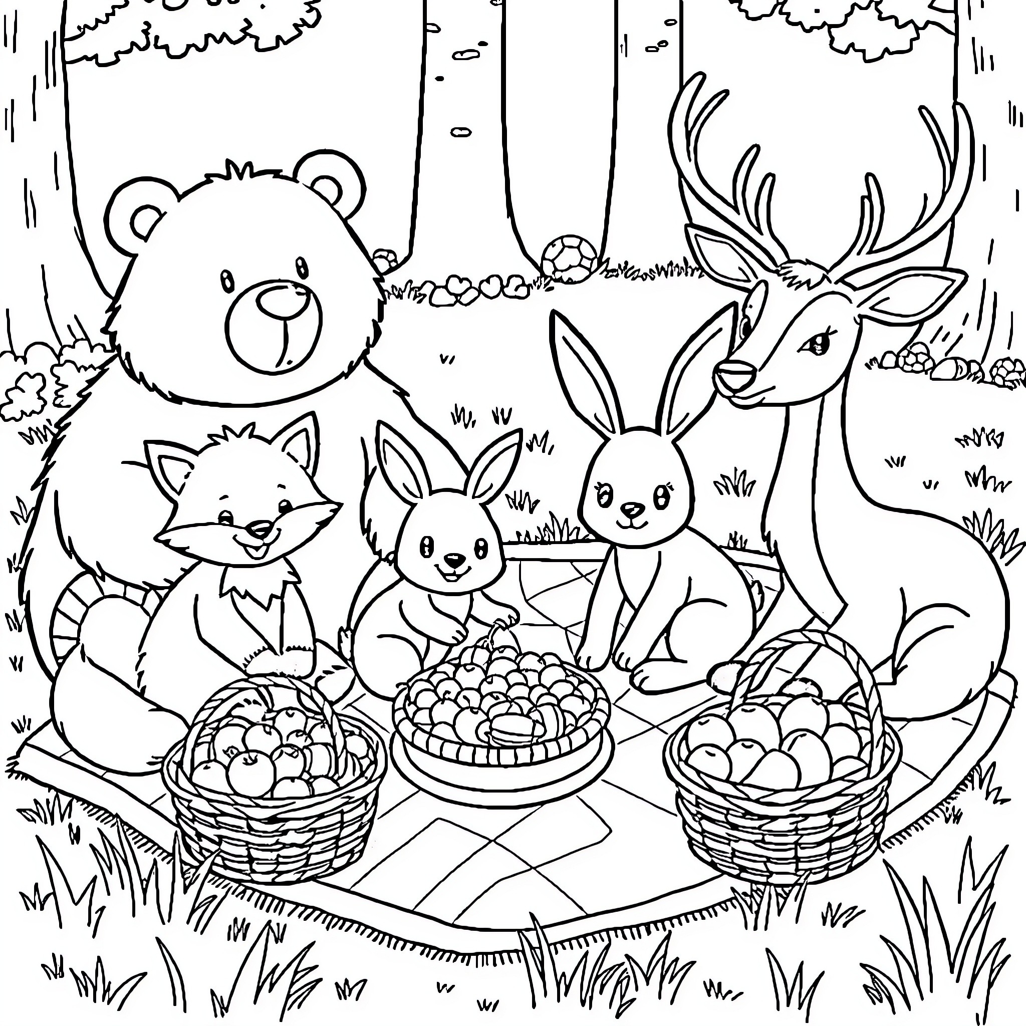 Animal forest friends having a picnic Coloring Page (free black-and-white line drawing printable PDF for all, from beginners to advanced learners, including children, teens, adults, and seniors)
