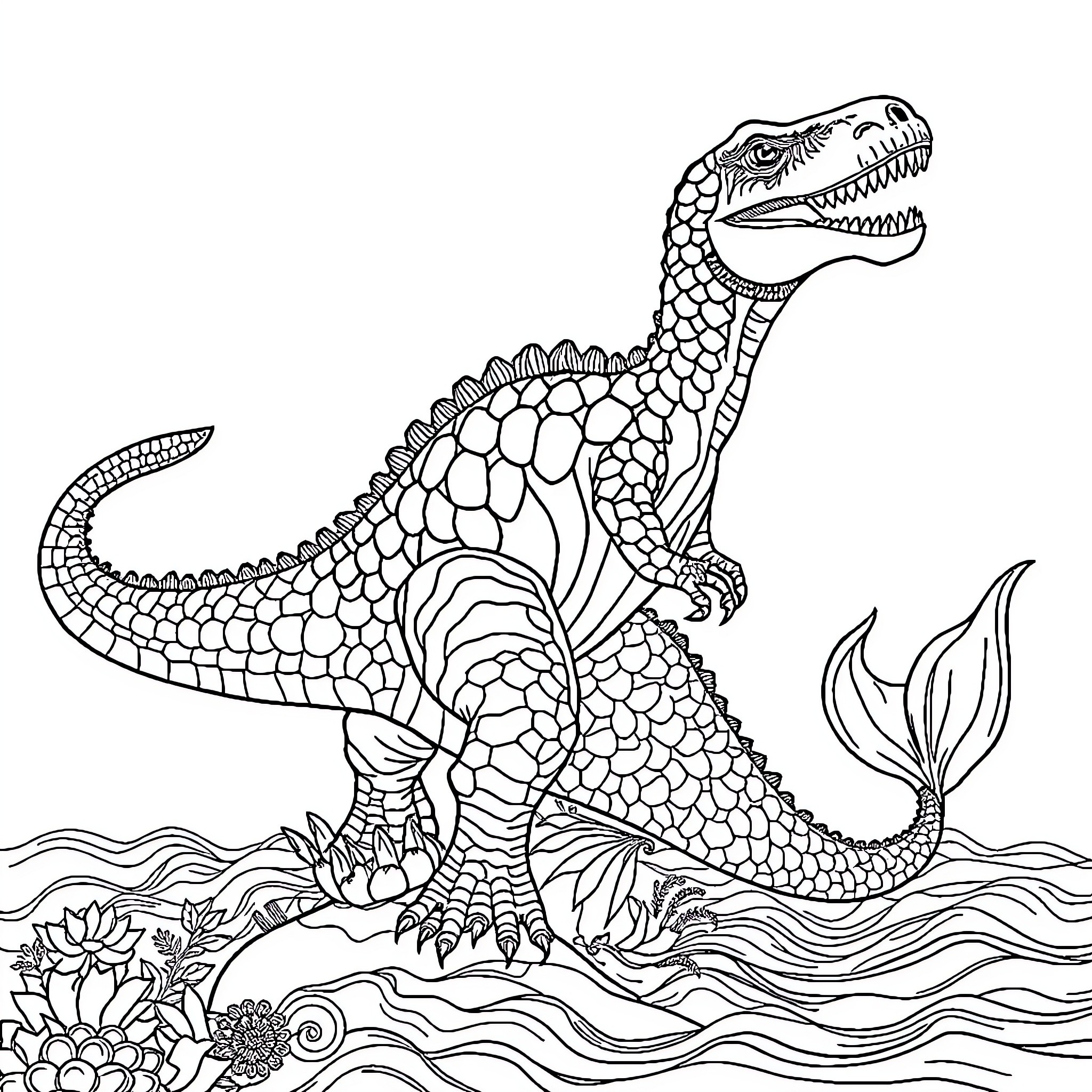 Dinosaur standing tall among aquatic plants Coloring Page (free black-and-white line drawing printable PDF for all, from beginners to advanced learners, including children, teens, adults, and seniors)