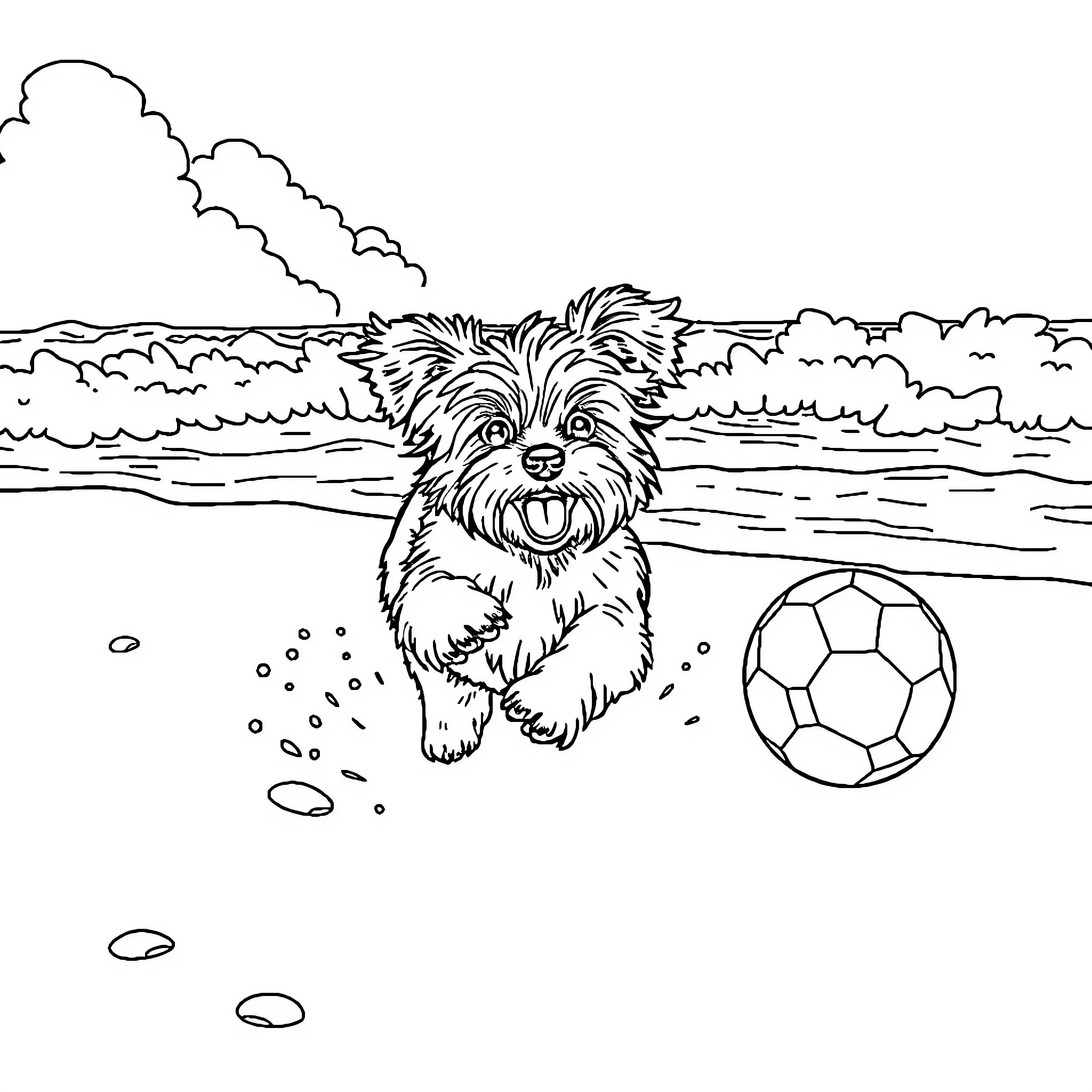Morkie playing joyfully with soccer ball on the beach Coloring Page (free black-and-white line drawing printable PDF for all, from beginners to advanced learners, including children, teens, adults, and seniors)