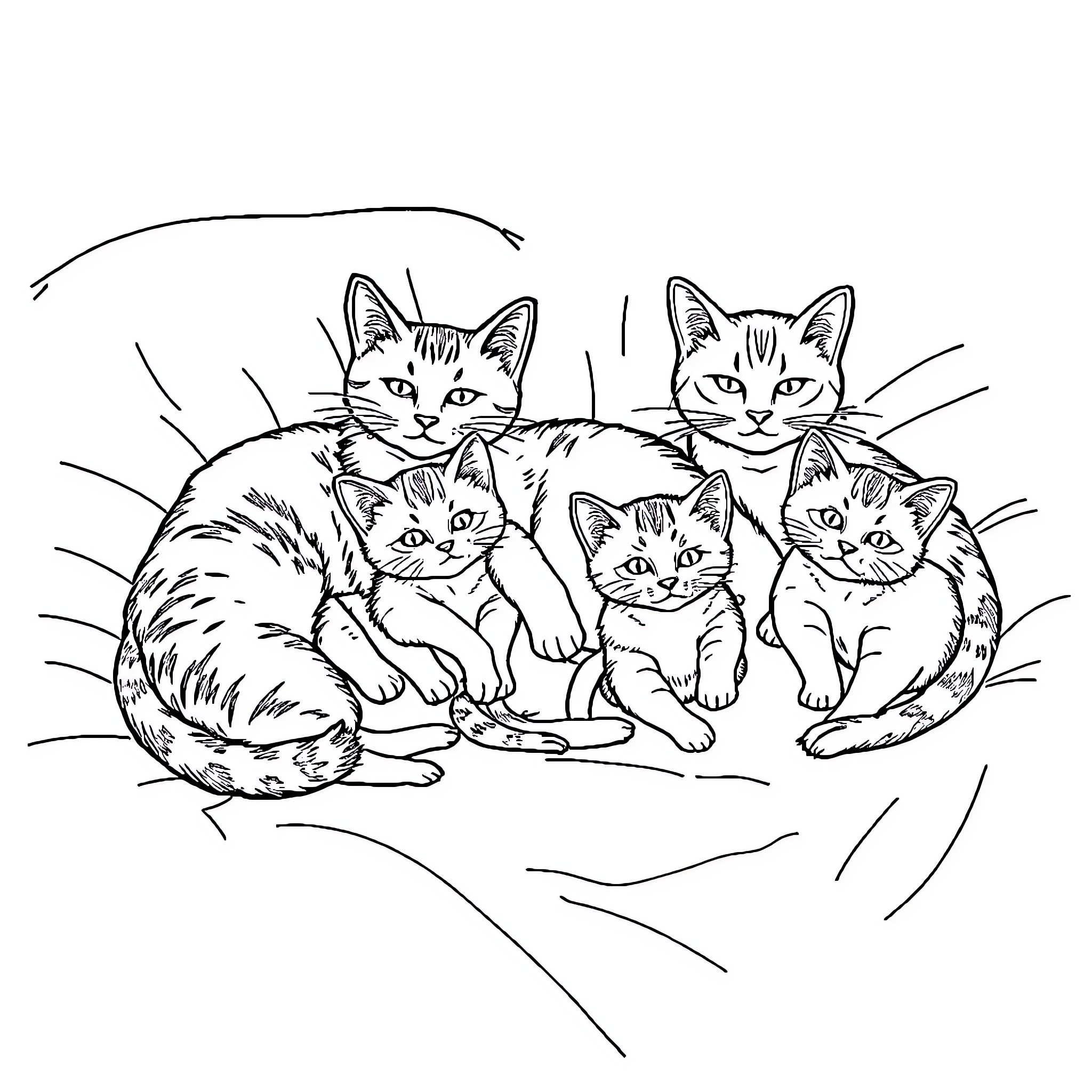 Cat Family Gathering in Cozy Setting Coloring Page (free black-and-white line drawing printable PDF for all, from beginners to advanced learners, including children, teens, adults, and seniors)