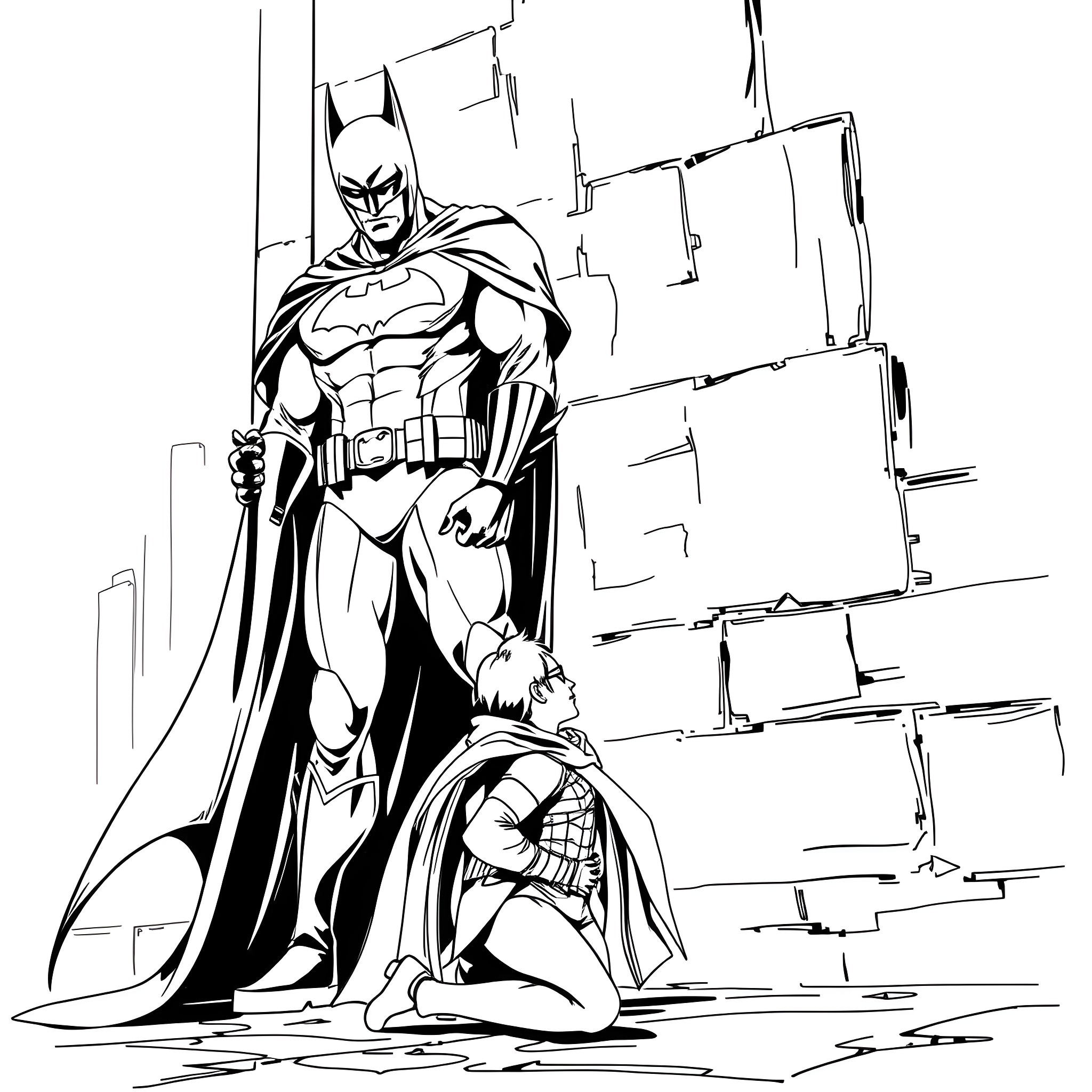 Batman saves a cowering victim in the dark city Coloring Page (free black-and-white line drawing printable PDF for all, from beginners to advanced learners, including children, teens, adults, and seniors)