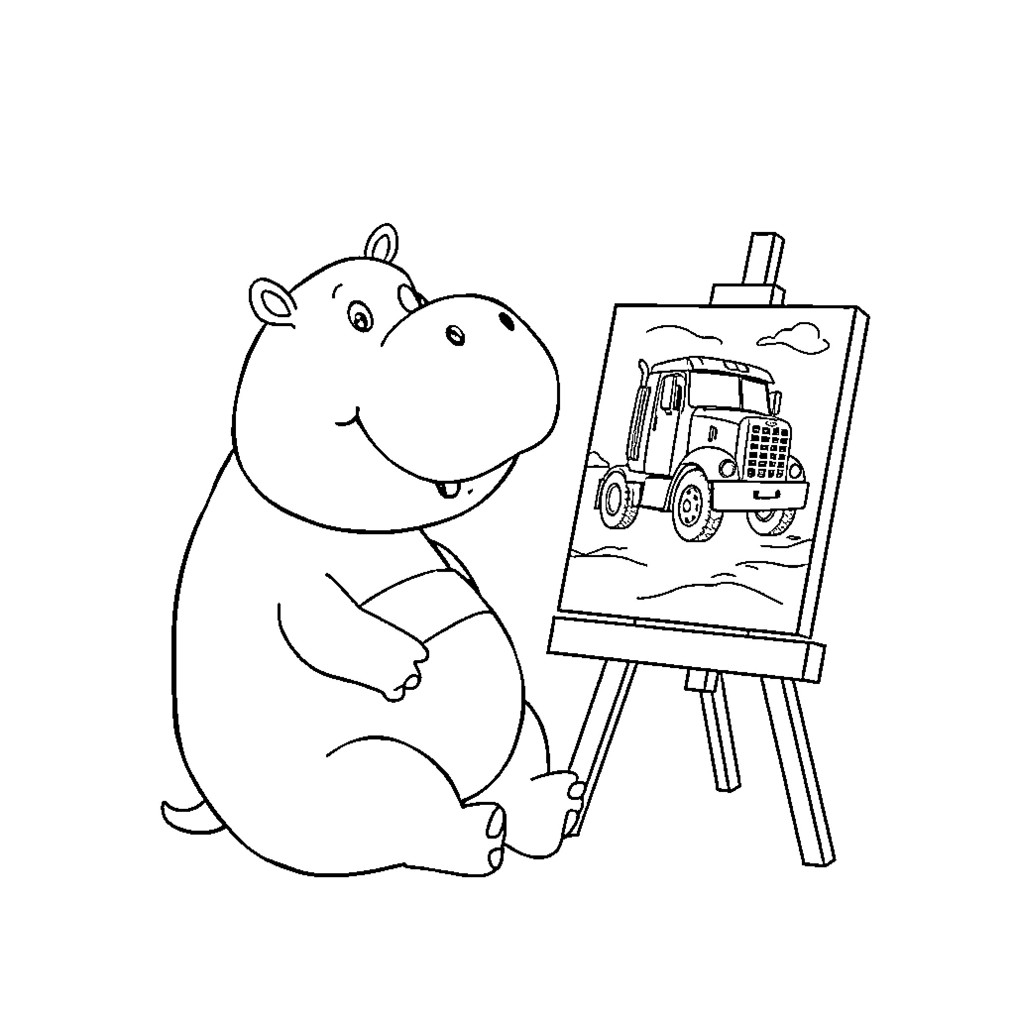 Hippo painting a truck on canvas Coloring Page (free black-and-white line drawing printable PDF for all, from beginners to advanced learners, including children, teens, adults, and seniors)