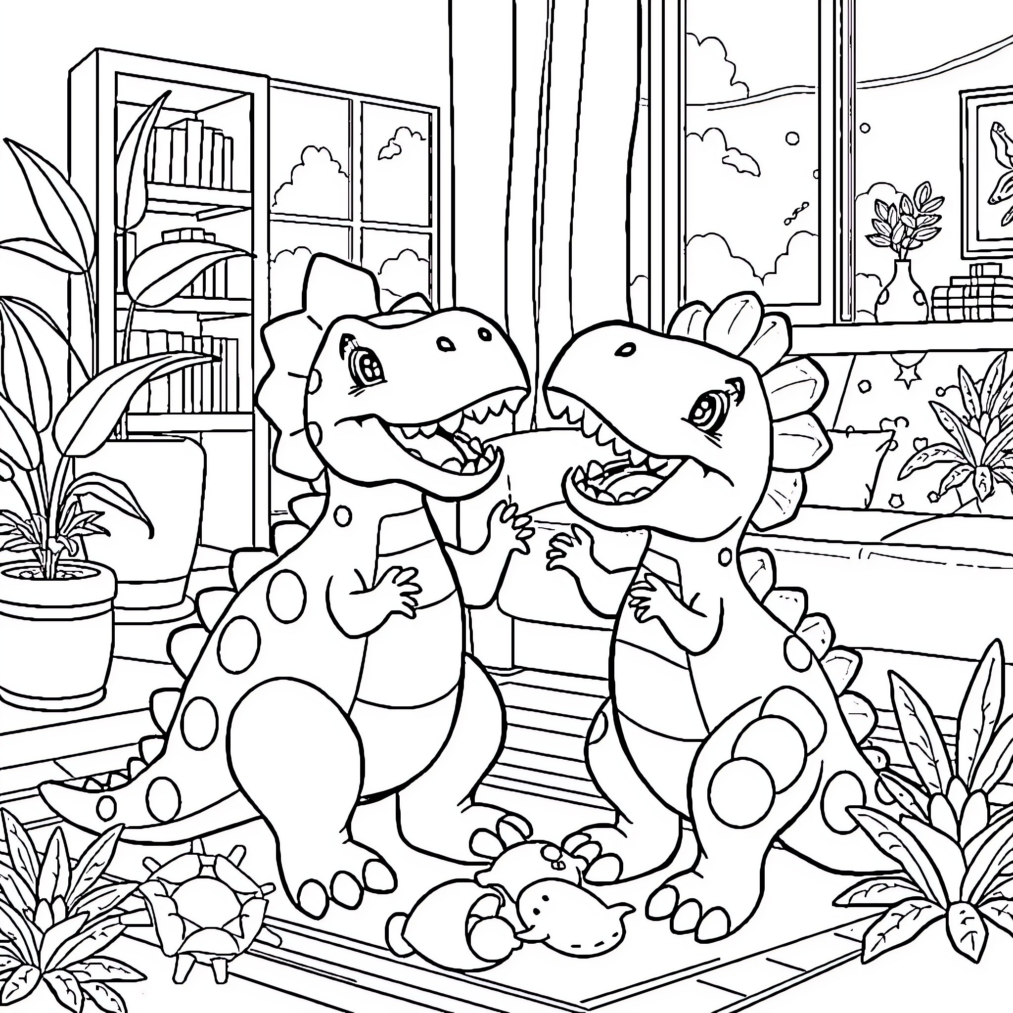 Bluey's Dino-rific Adventure in the Living Room Coloring Page (free black-and-white line drawing printable PDF for all, from beginners to advanced learners, including children, teens, adults, and seniors)
