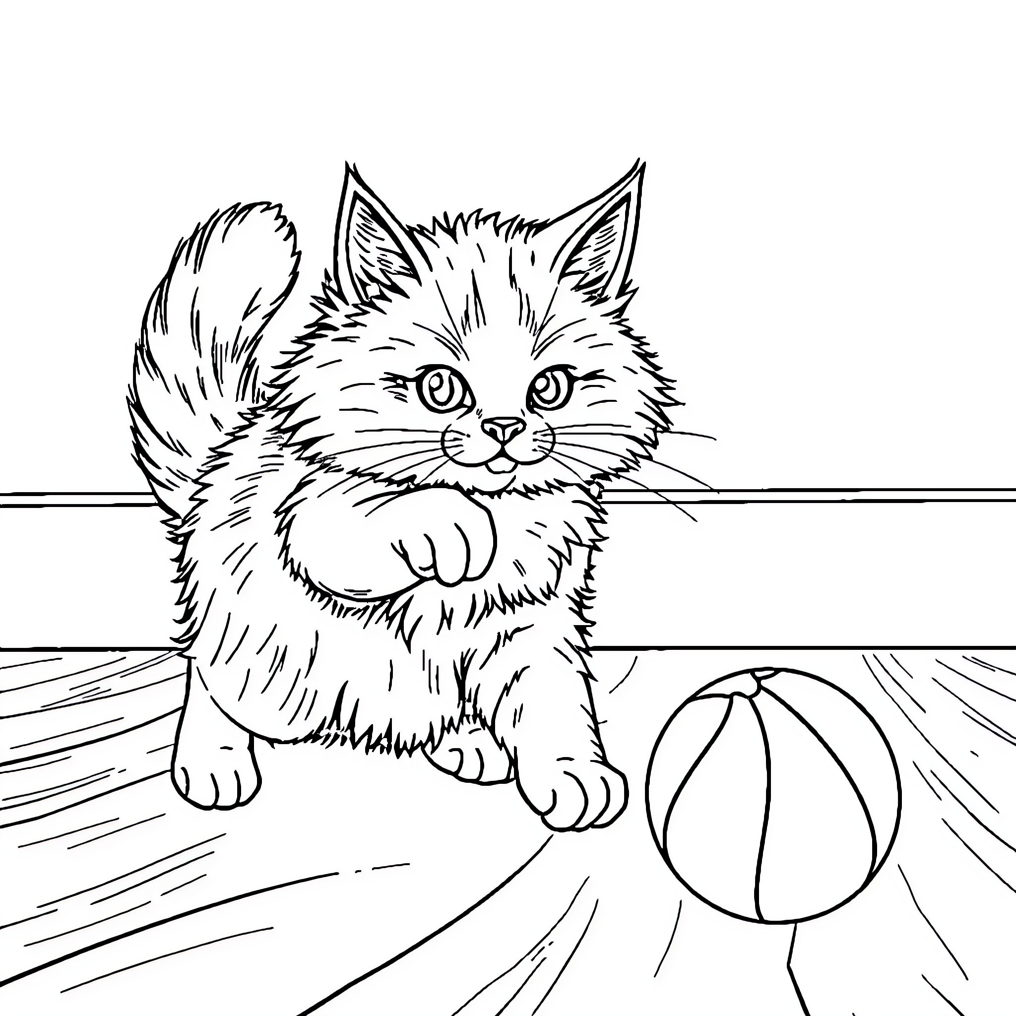 Cat playing with ball on wooden floor Coloring Page (free black-and-white line drawing printable PDF for all, from beginners to advanced learners, including children, teens, adults, and seniors)