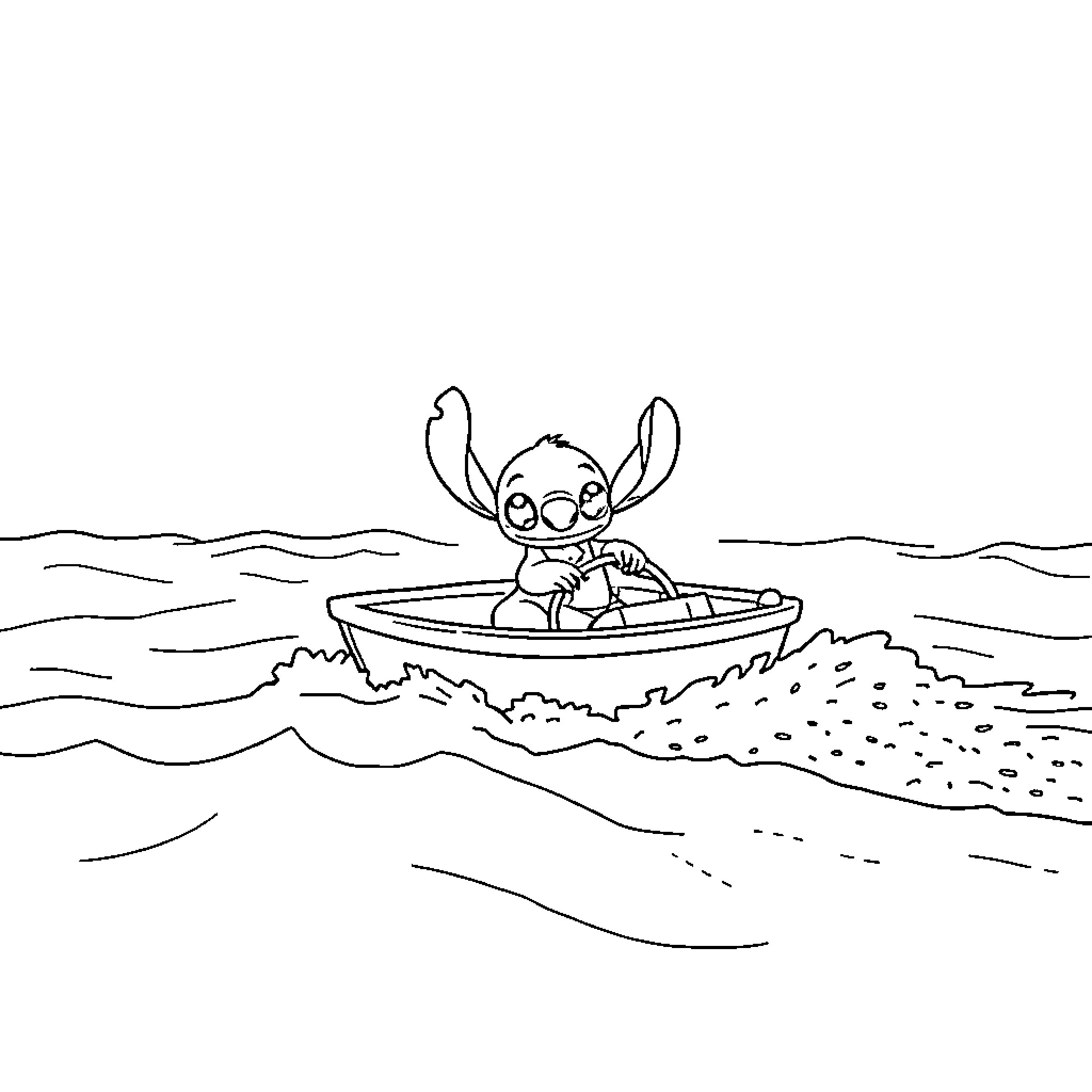 Stitch sailing in a boat across the ocean Coloring Page (free black-and-white line drawing printable PDF for all, from beginners to advanced learners, including children, teens, adults, and seniors)