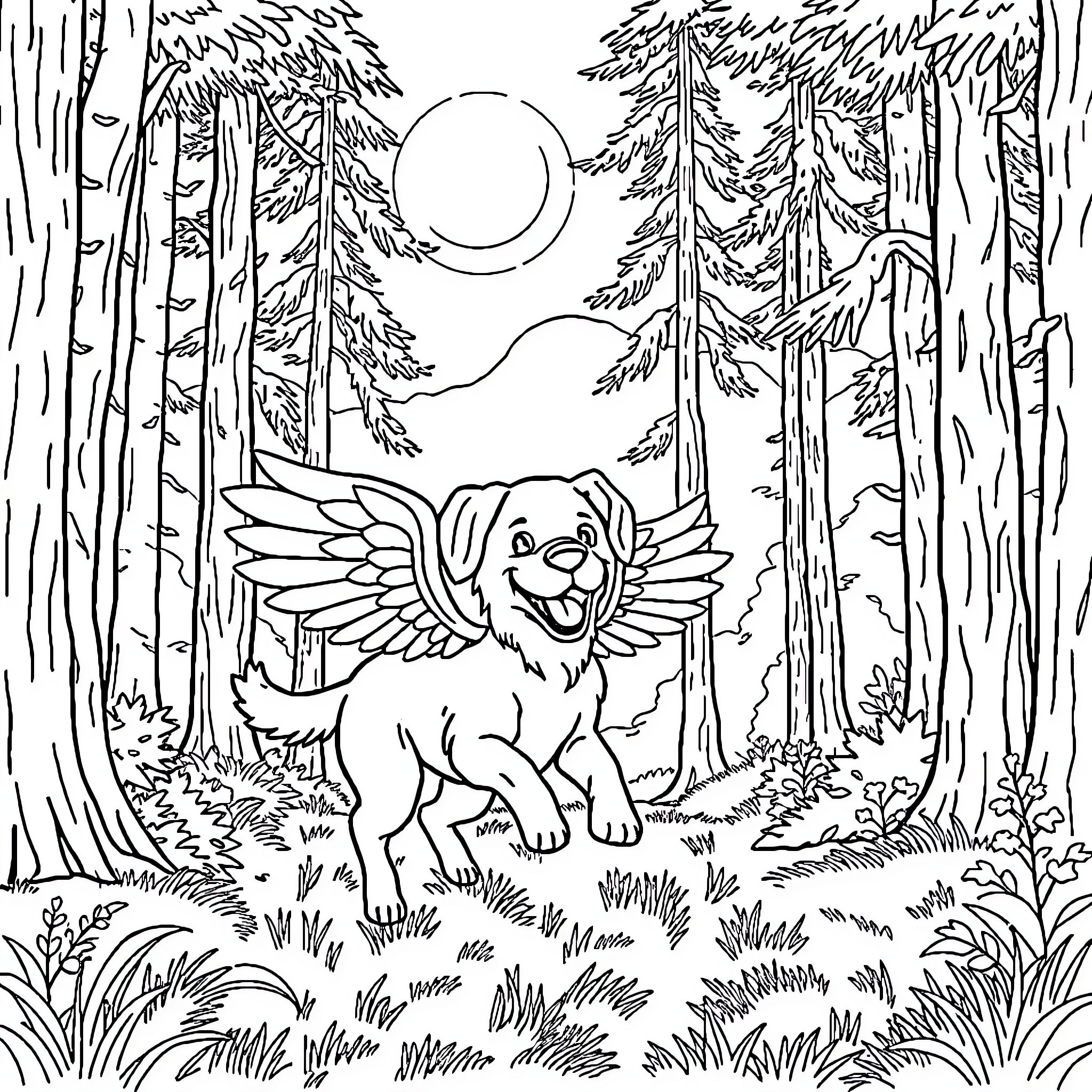 Dog with wings in magical forest Coloring Page (free black-and-white line drawing printable PDF for all, from beginners to advanced learners, including children, teens, adults, and seniors)