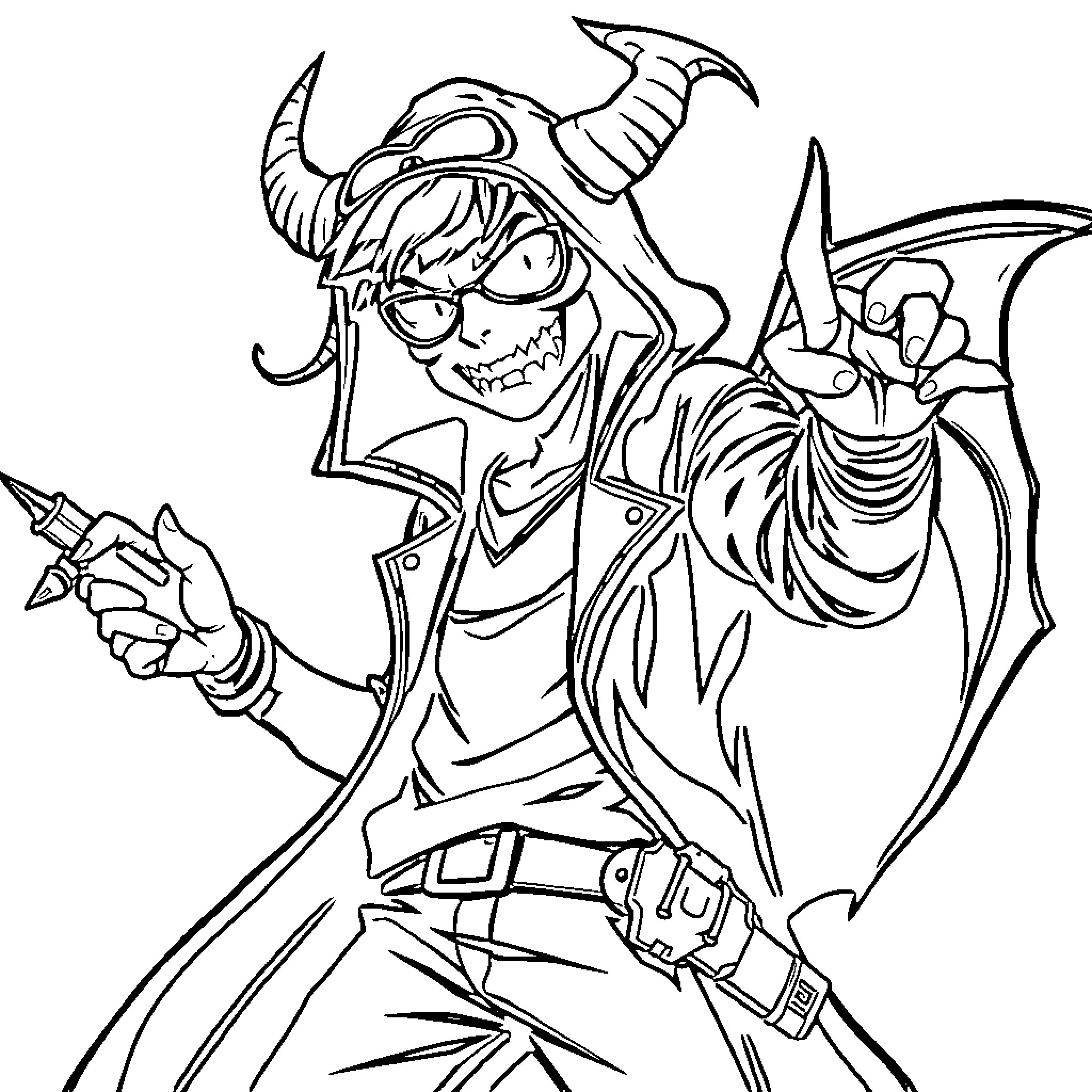 Demon Hunter wielding weapons with fierce expression Coloring Page (free black-and-white line drawing printable PDF for all, from beginners to advanced learners, including children, teens, adults, and seniors)
