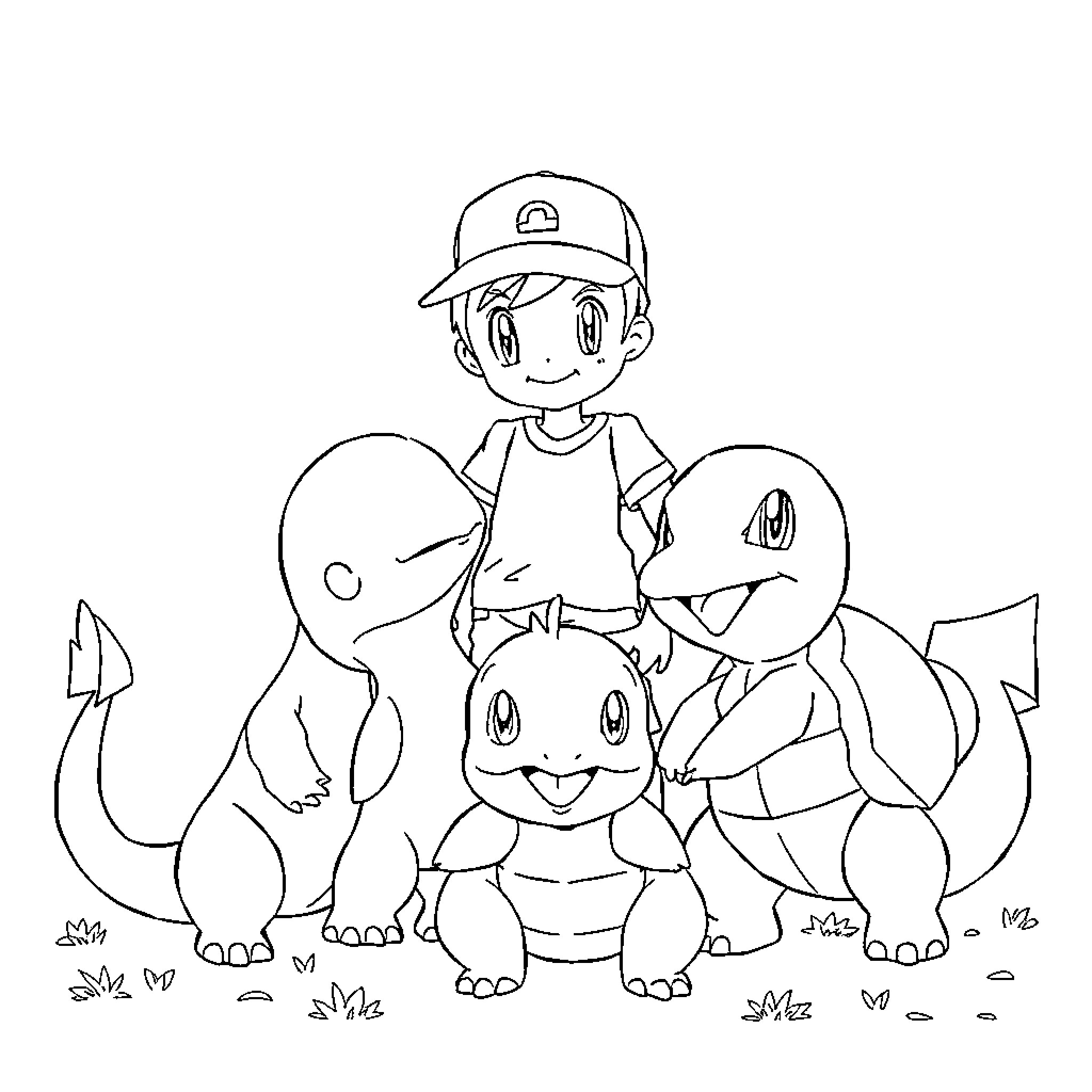 Pokémon Trainer Poses with Adorable Companions Coloring Page (free black-and-white line drawing printable PDF for all, from beginners to advanced learners, including children, teens, adults, and seniors)