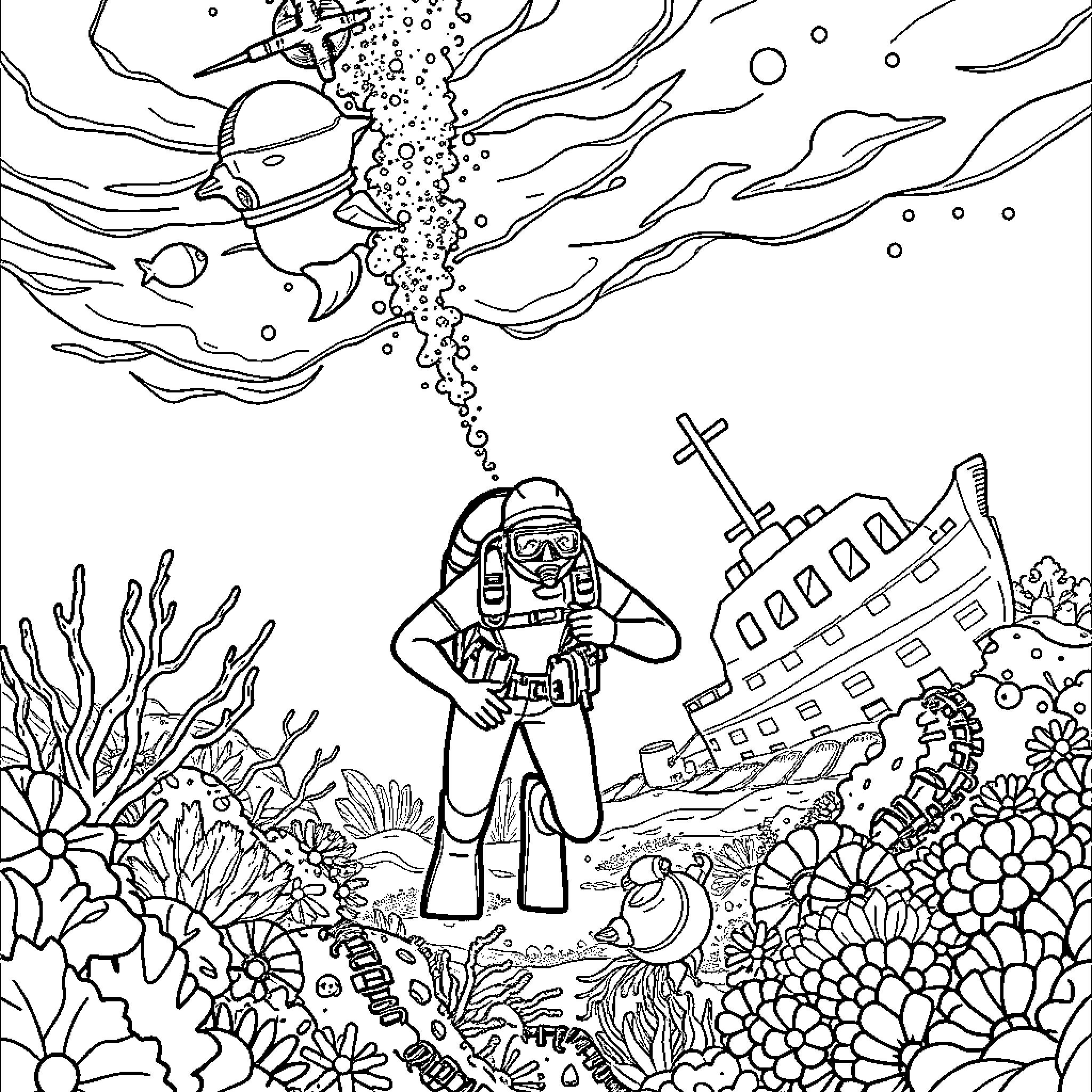 Scuba Diver Exploring Underwater Coral Reef Coloring Page (free black-and-white line drawing printable PDF for all, from beginners to advanced learners, including children, teens, adults, and seniors)