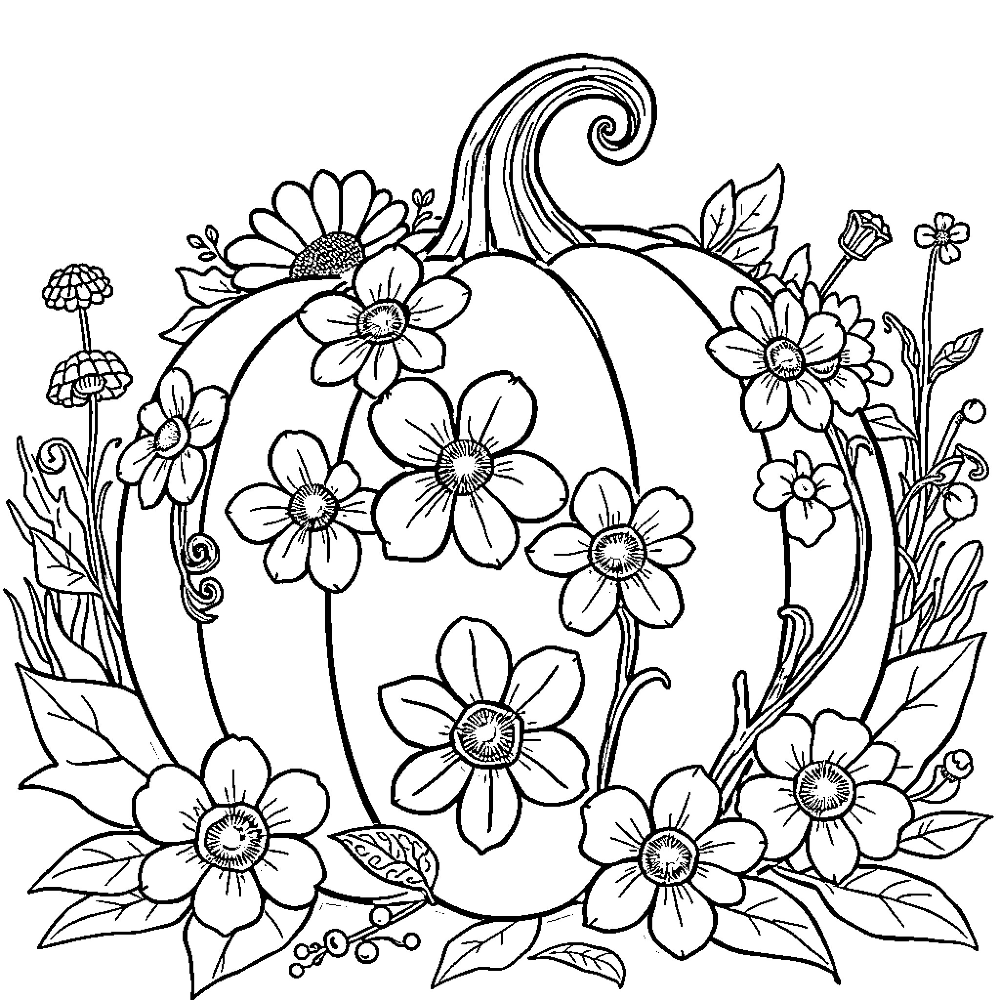 Pumpkin surrounded by blooming flowers Coloring Page (free black-and-white line drawing printable PDF for all, from beginners to advanced learners, including children, teens, adults, and seniors)