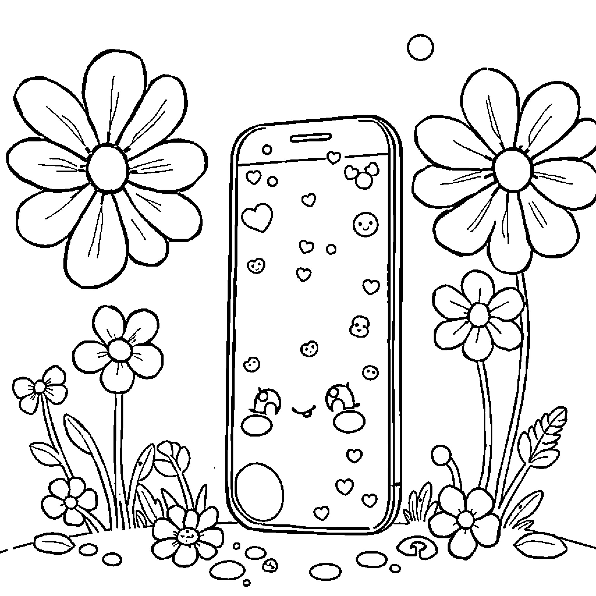 Phone surrounded by flowers and hearts Coloring Page (free black-and-white line drawing printable PDF for all, from beginners to advanced learners, including children, teens, adults, and seniors)