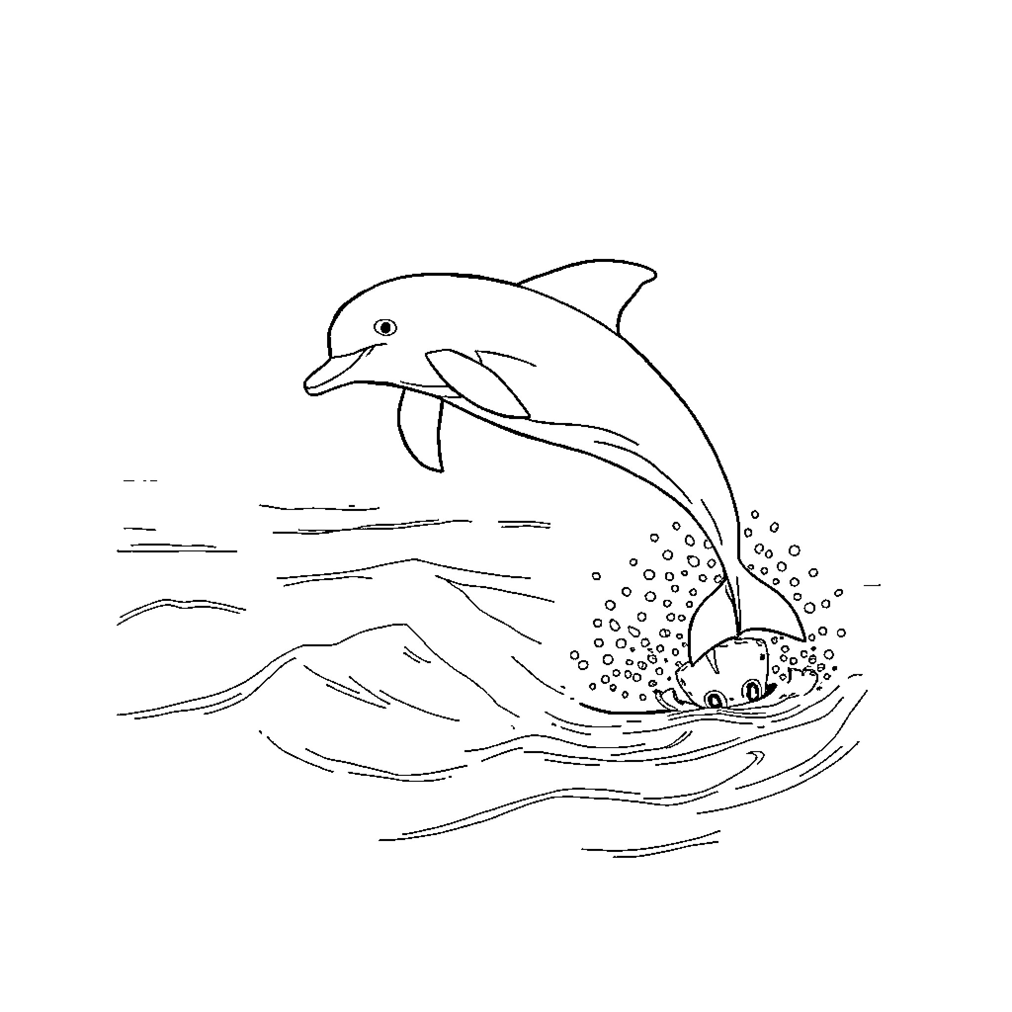 Dolphin leaping out of the ocean Coloring Page (free black-and-white line drawing printable PDF for all, from beginners to advanced learners, including children, teens, adults, and seniors)
