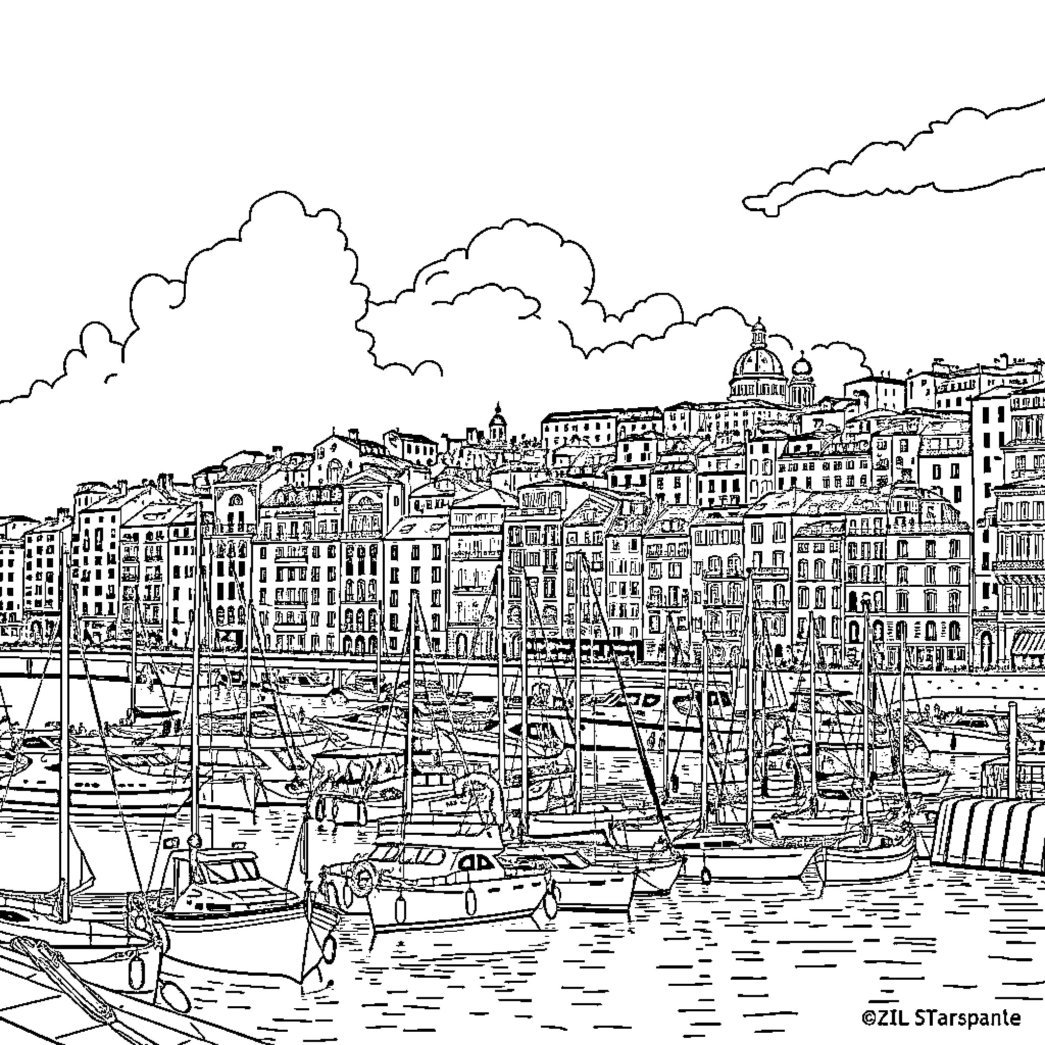 Marseille's vibrant harbor scene with boats and buildings Coloring Page (free black-and-white line drawing printable PDF for all, from beginners to advanced learners, including children, teens, adults, and seniors)
